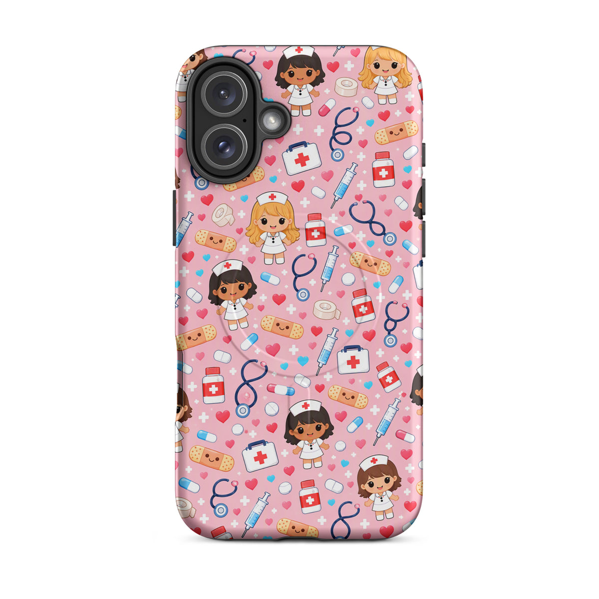 Magnetic Phone Case with kawaii nurse pattern, featuring medical tools and cute designs on pink background for iPhone.