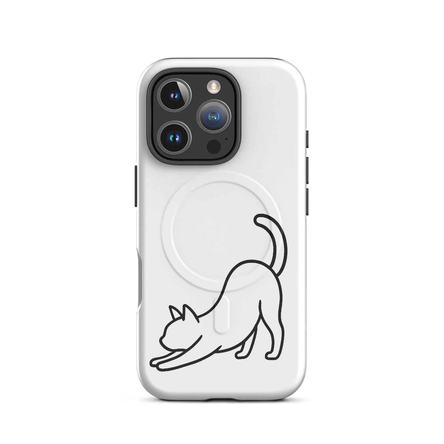 Magnetic Phone Case featuring a minimalist stretching cat design on a sleek white background.