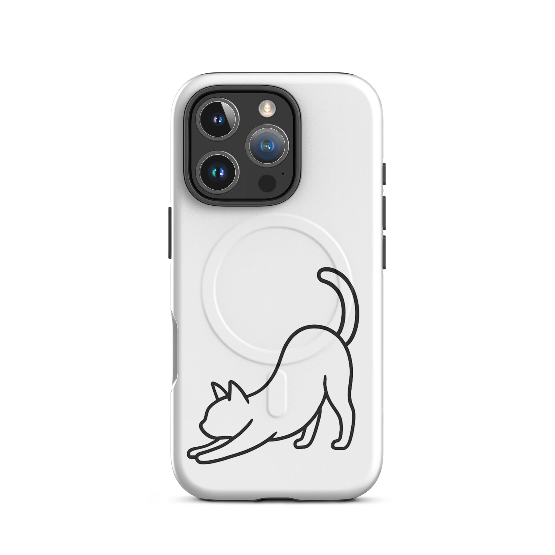 Magnetic Phone Case featuring a minimalist stretching cat design on a sleek white background.