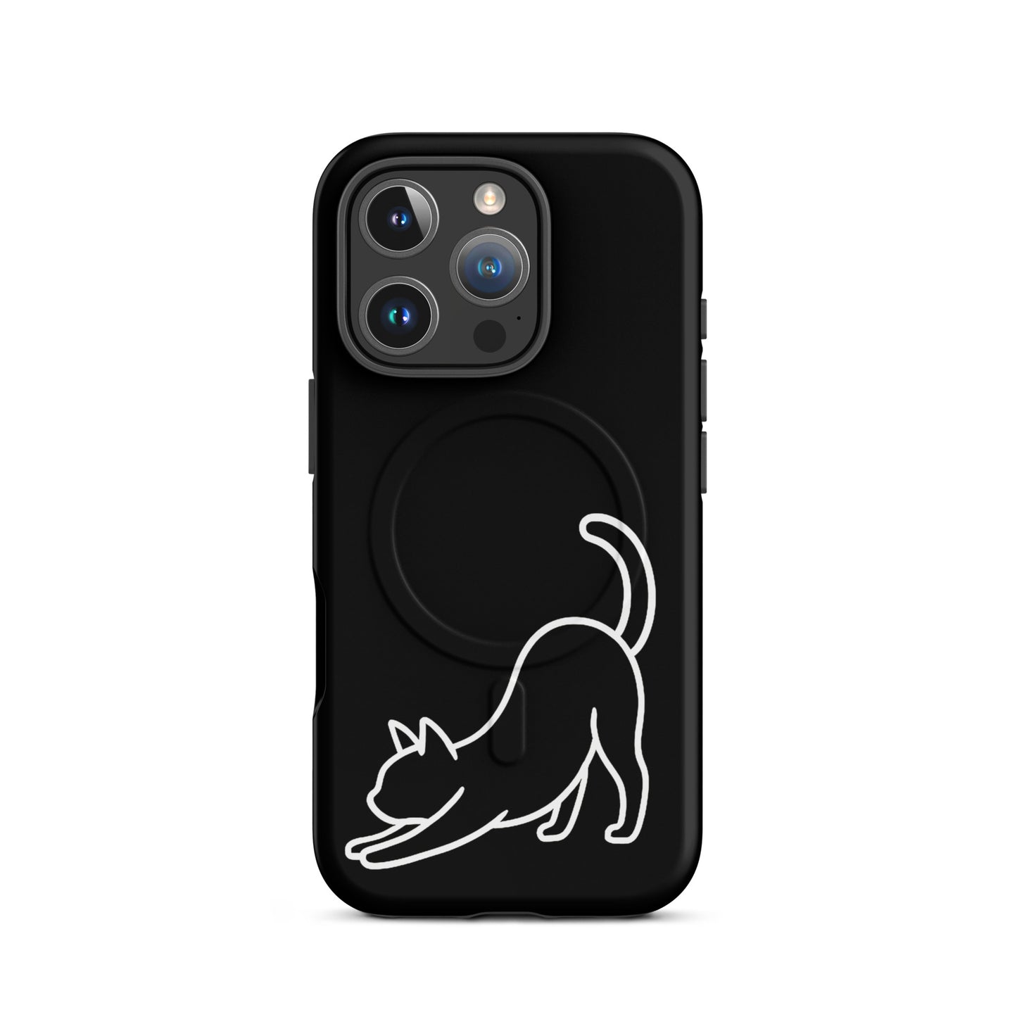 Magnetic Phone Case featuring minimalist stretching cat design on a sleek black background.