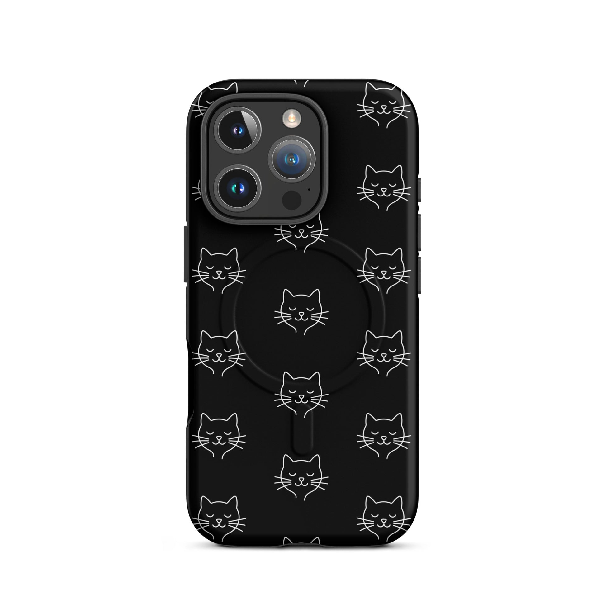 Magnetic Phone Case for iPhone featuring a cute minimalist cat pattern design on a black background.