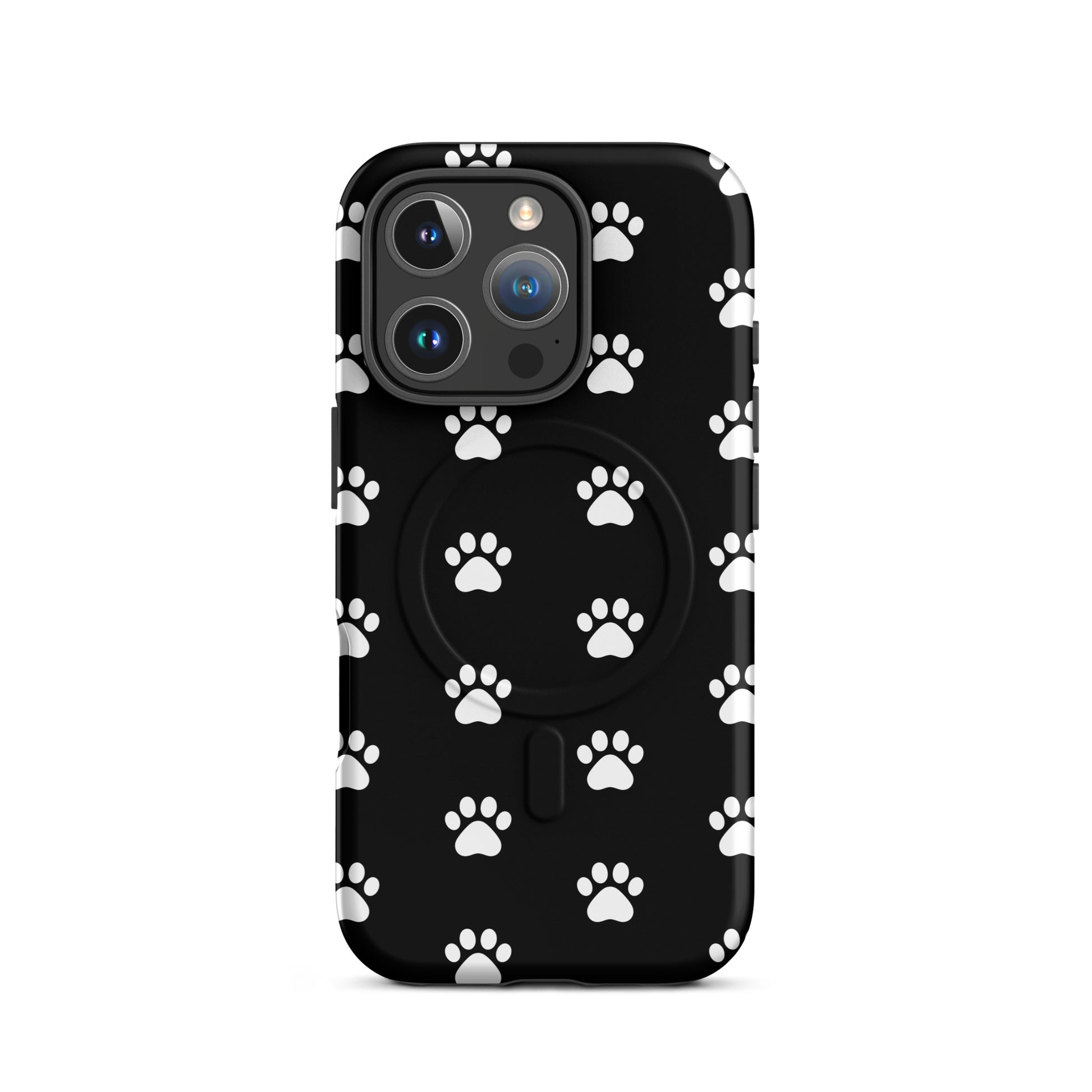 Magnetic Phone Case for iPhone with a playful white paw print design for pet lovers.