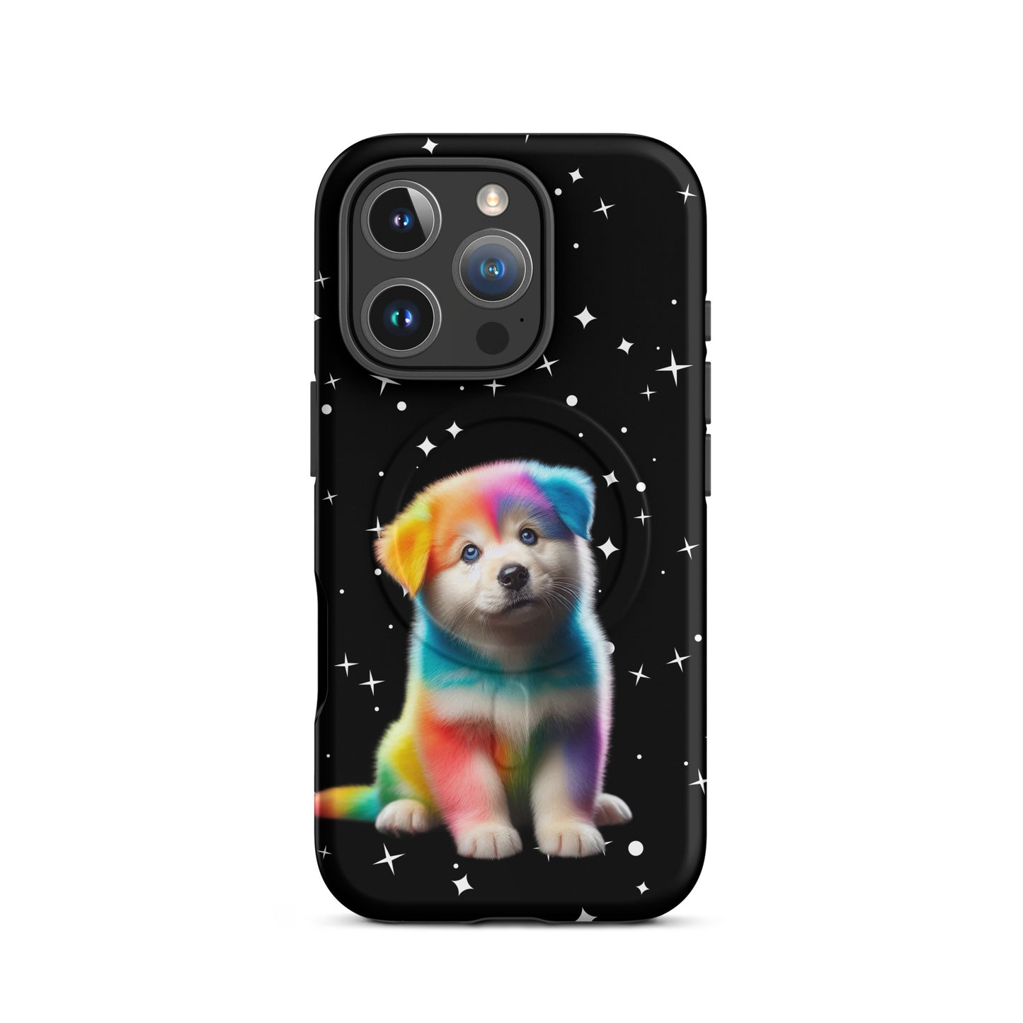 Magnetic Phone Case featuring a colorful rainbow puppy against a starry night sky background.