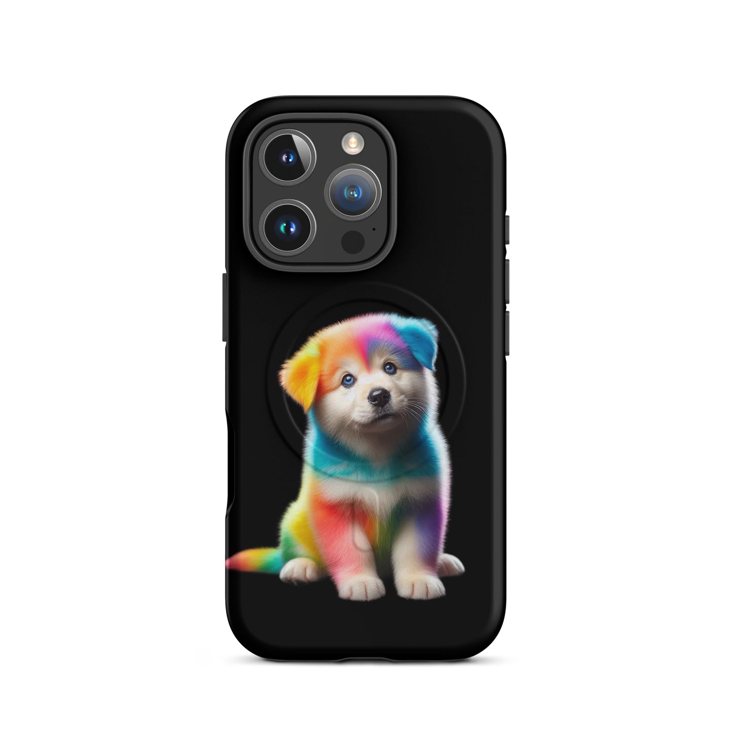 Magnetic Phone Case featuring a colorful rainbow puppy design on a black background, perfect for dog lovers.