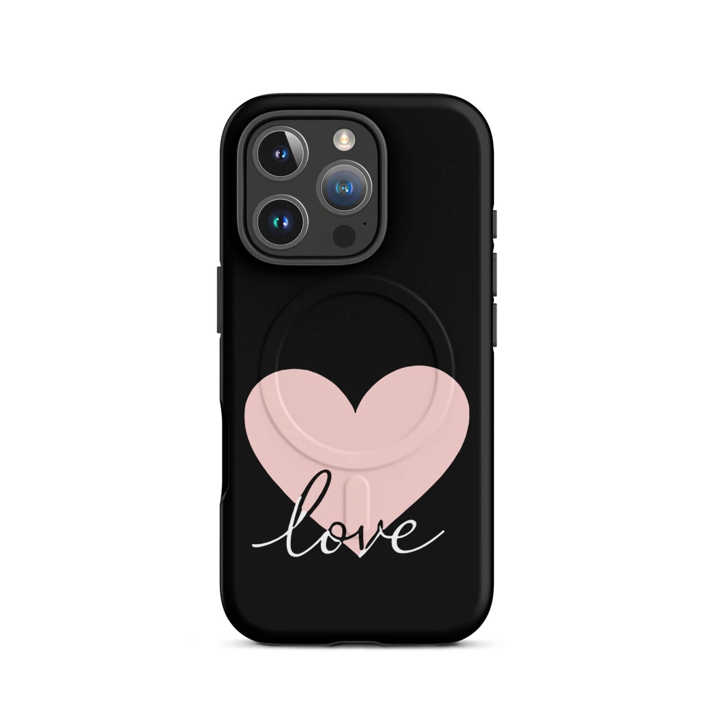 Magnetic Phone Case featuring a pink heart and script 'love' design on a black background for iPhone.