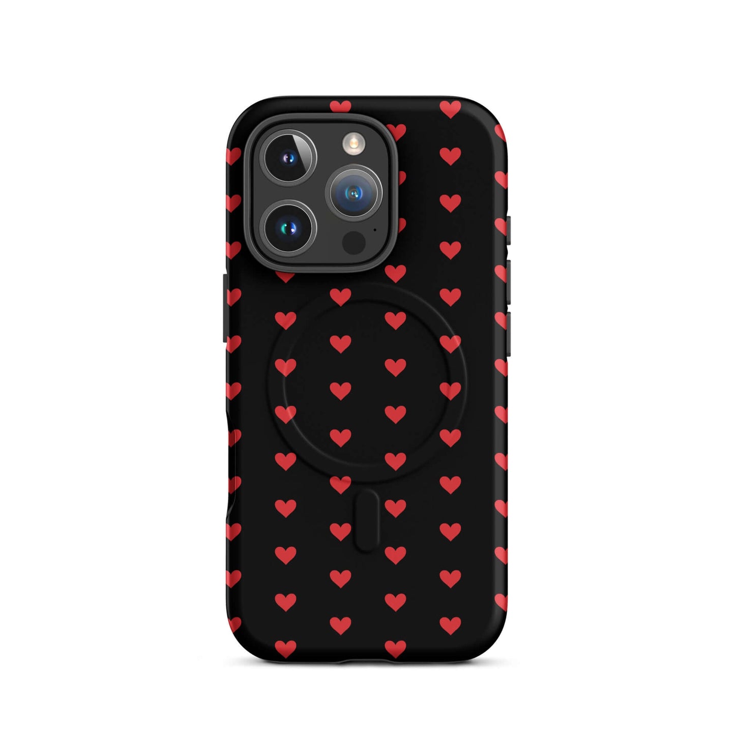 Magnetic Phone Case featuring fiery red hearts on a black background, providing stylish protection for iPhone.