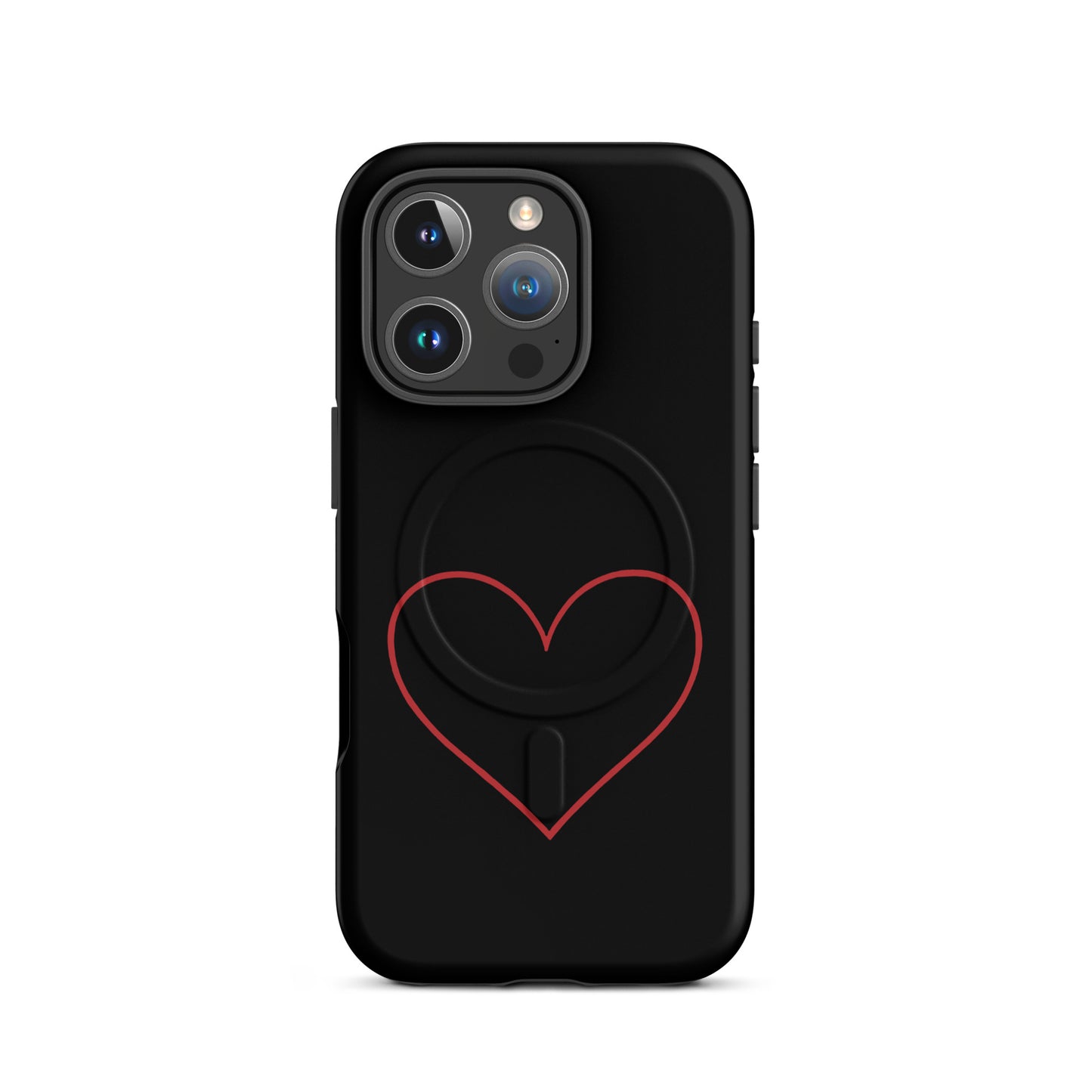 Magnetic Phone Case for iPhone with minimalist crimson heart design on a black background.