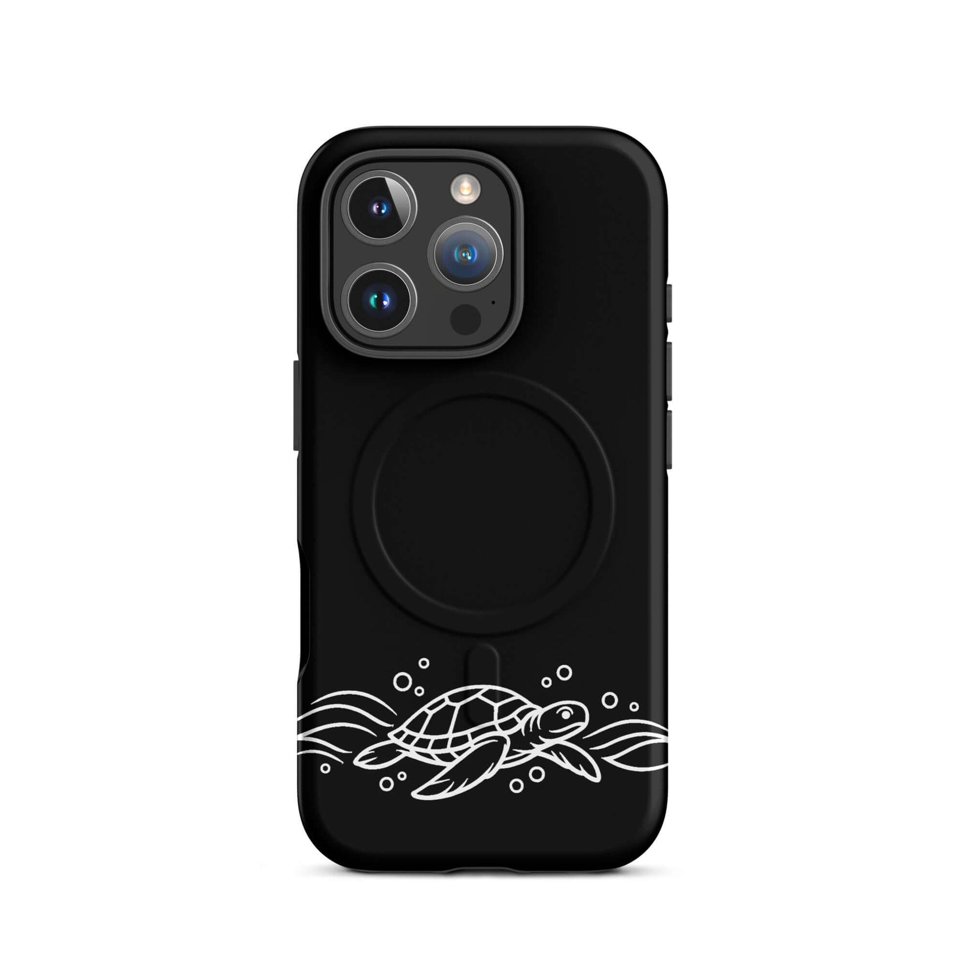 Magnetic Phone Case featuring a minimalist sea turtle design on black with waves and bubbles.