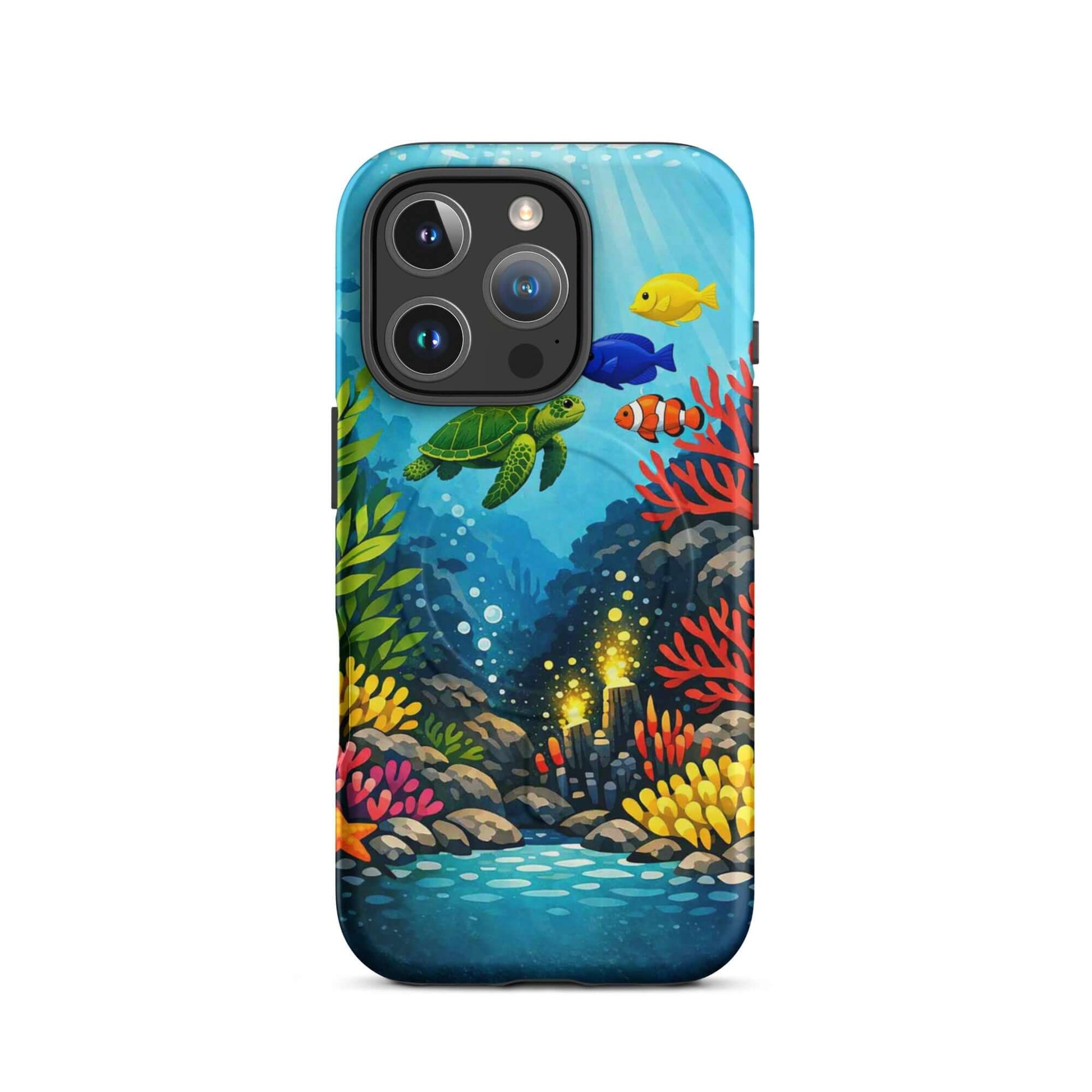Magnetic Phone Case featuring vibrant sea turtle and coral reef design for iPhone, showcasing underwater artistry.