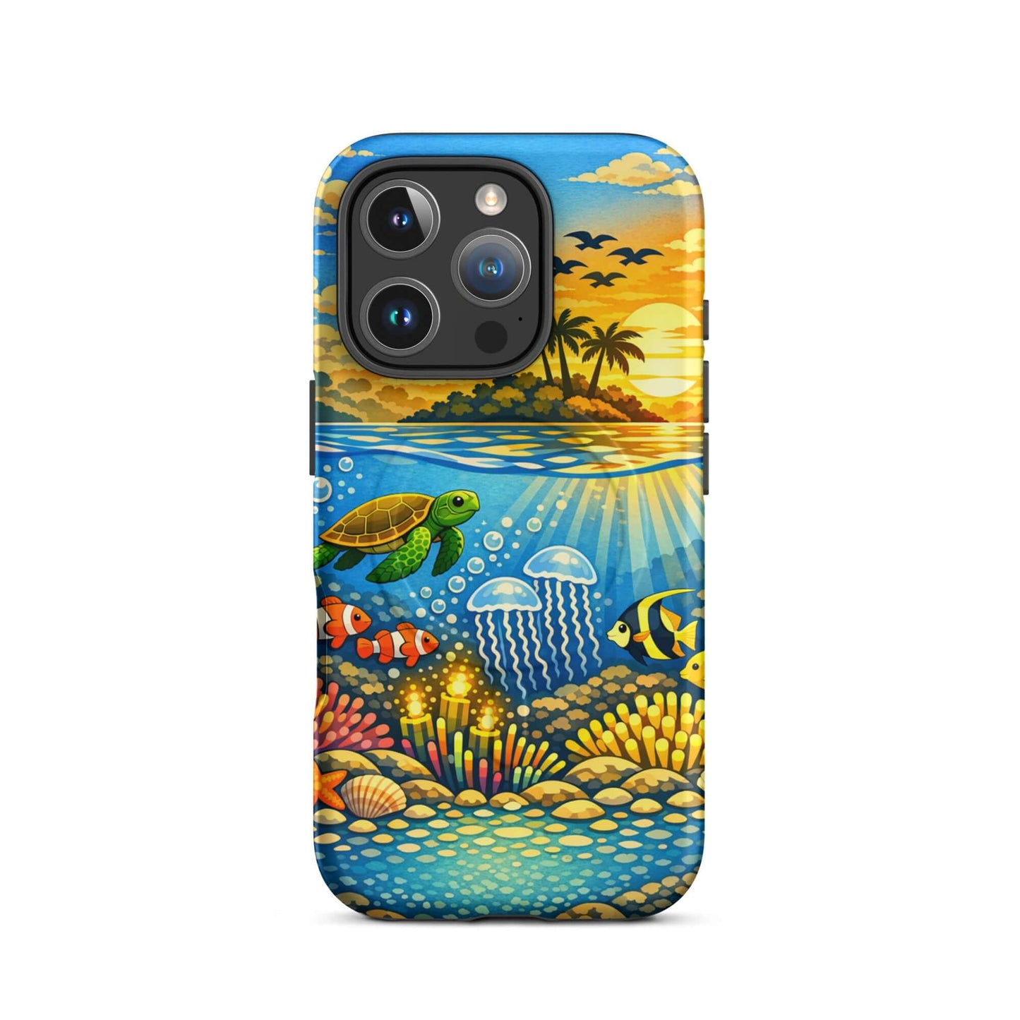 Magnetic Phone Case featuring tropical sunset and underwater reef scene with marine life.