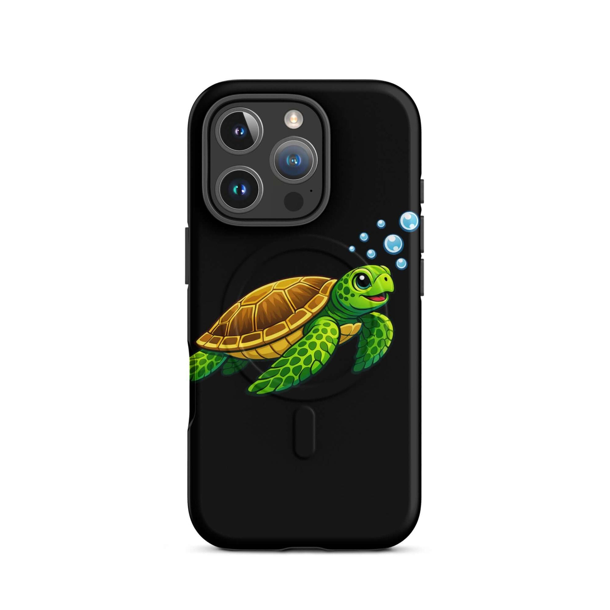 Magnetic Phone Case featuring vibrant sea turtle artwork on a black background, perfect for ocean lovers.