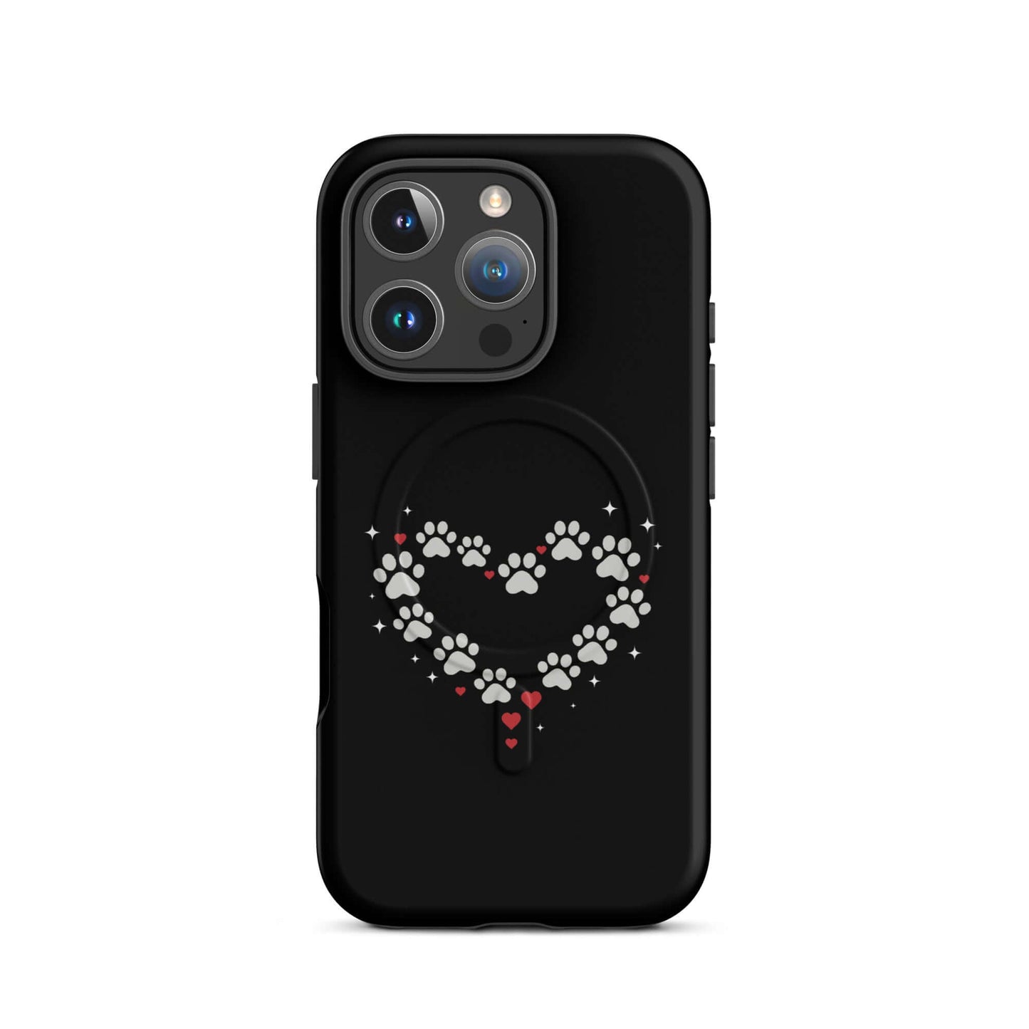 Magnetic Phone Case with paw-print heart design on a black background for iPhone.