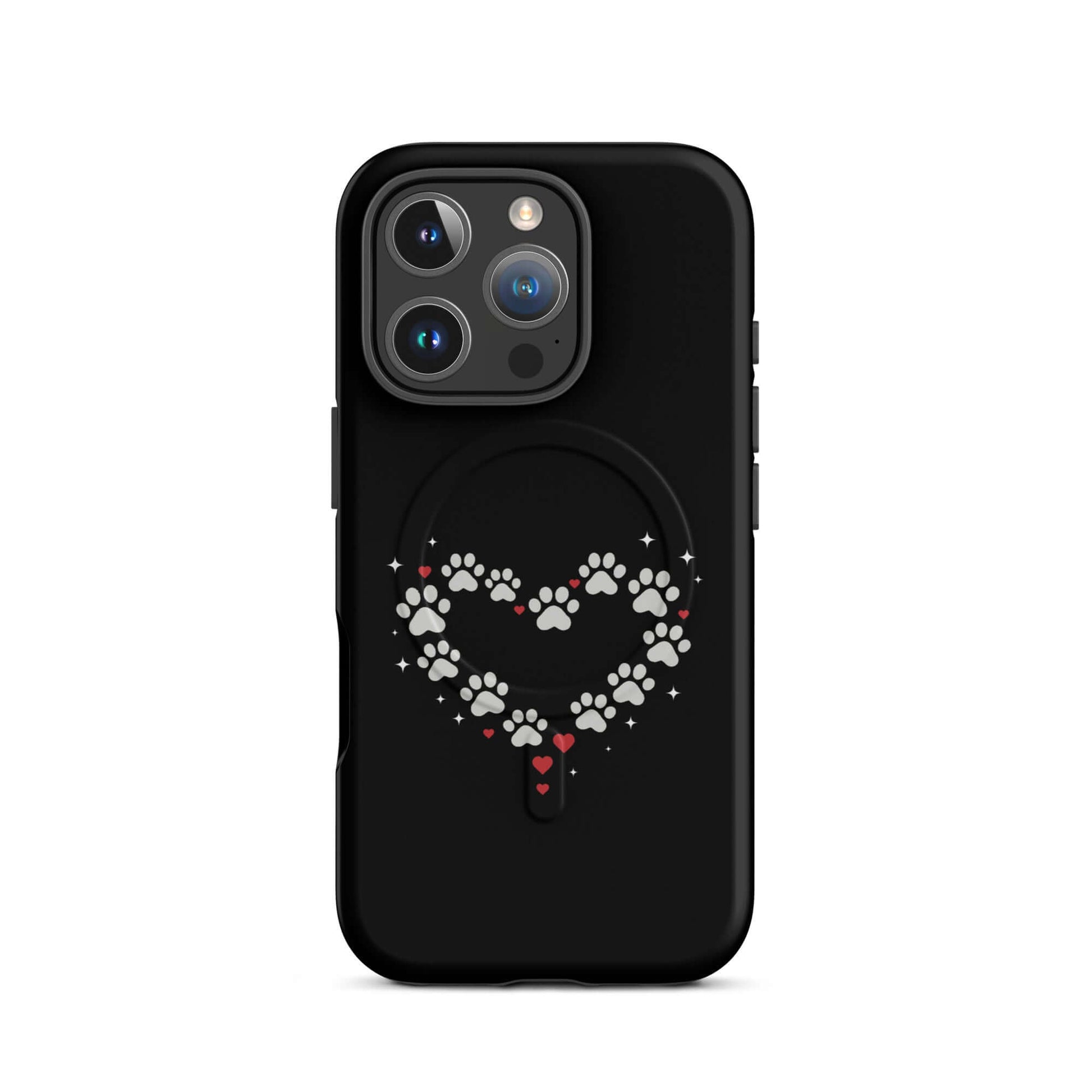 Magnetic Phone Case with paw-print heart design on a black background for iPhone.