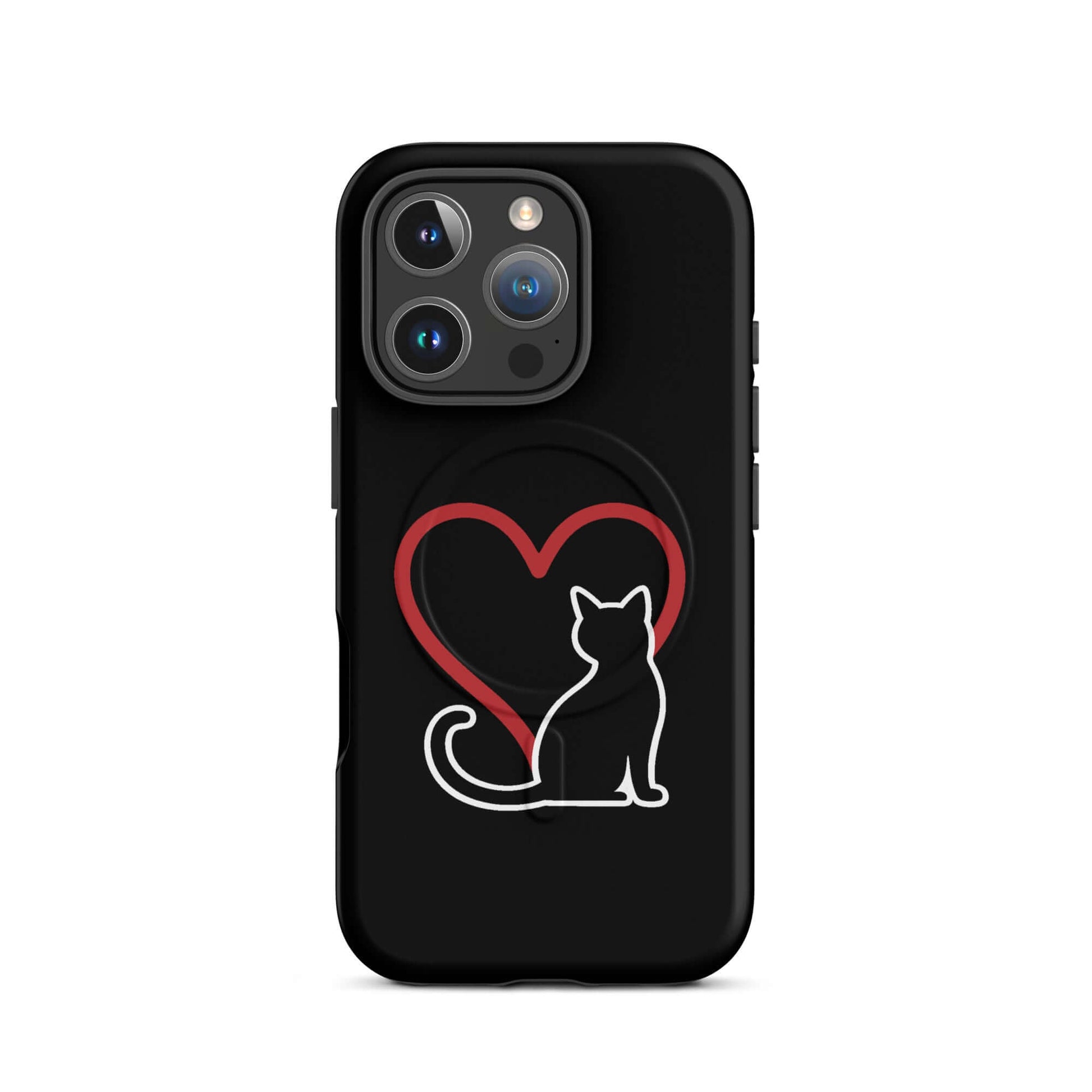 Magnetic Phone Case featuring a minimalist black cat and a red heart design on a black background.