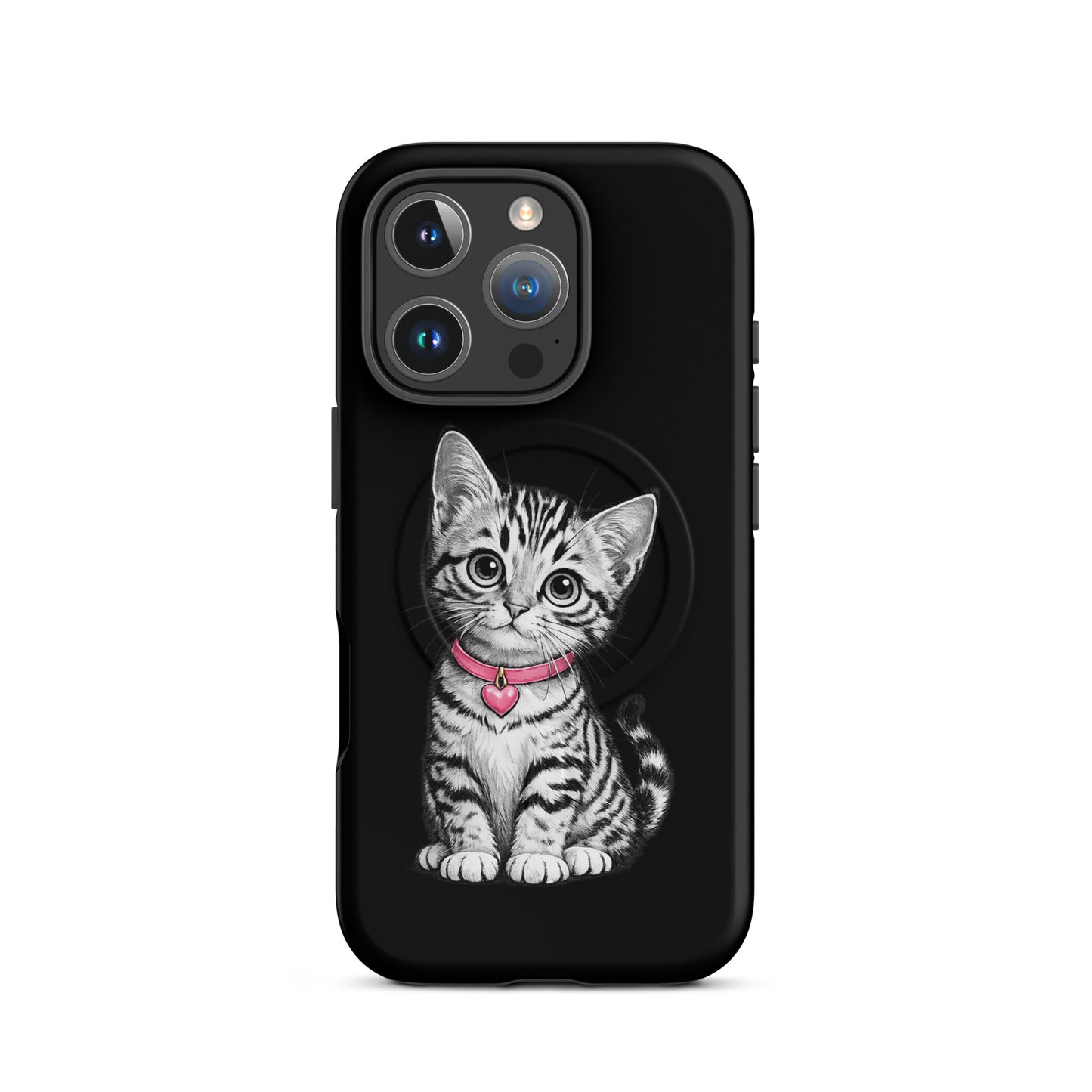 Magnetic Phone Case with adorable pencil-sketch kitten, pink collar, and heart charm for iPhone. Elegant protection.
