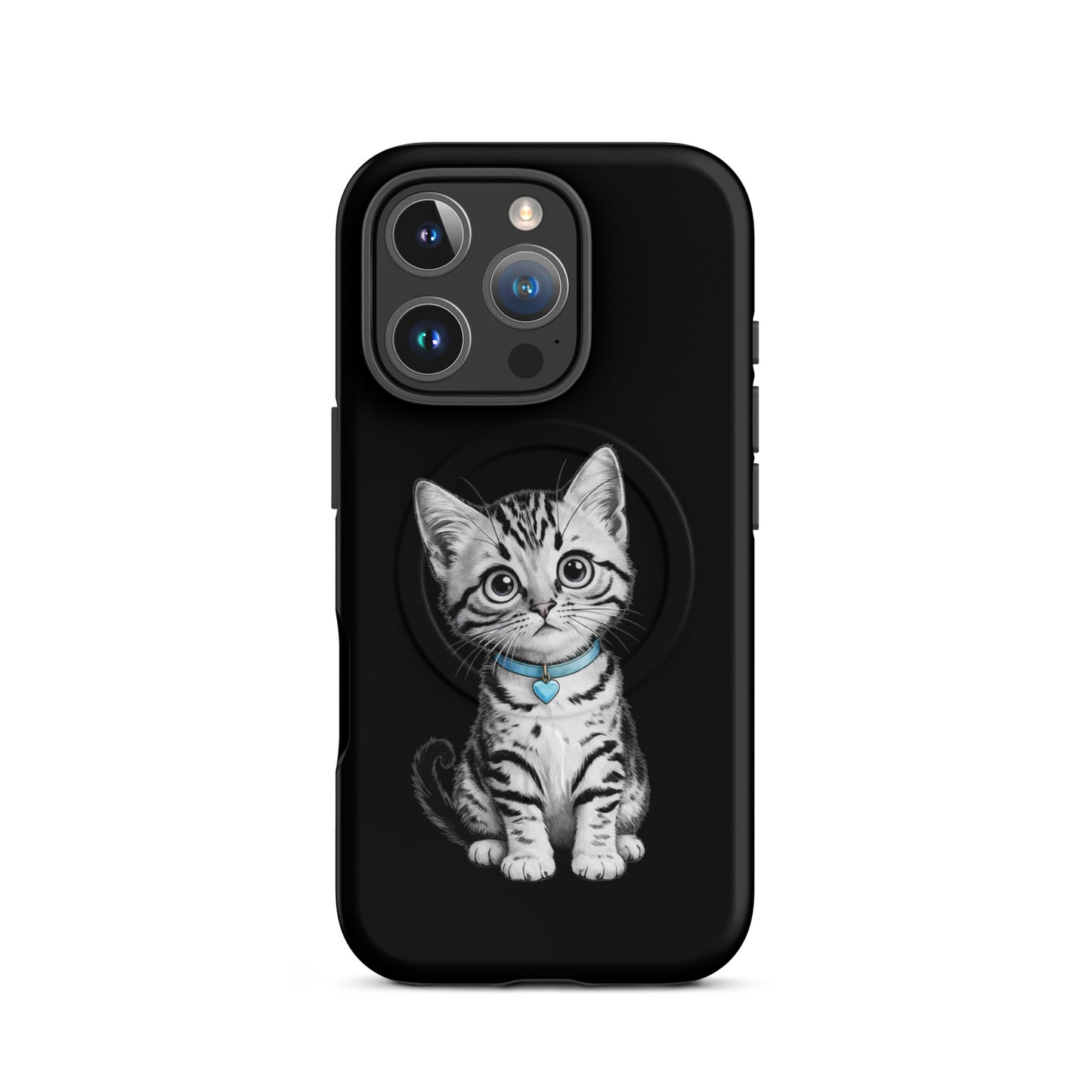 Magnetic Phone Case for iPhone featuring a kitten with blue collar and heart charm design