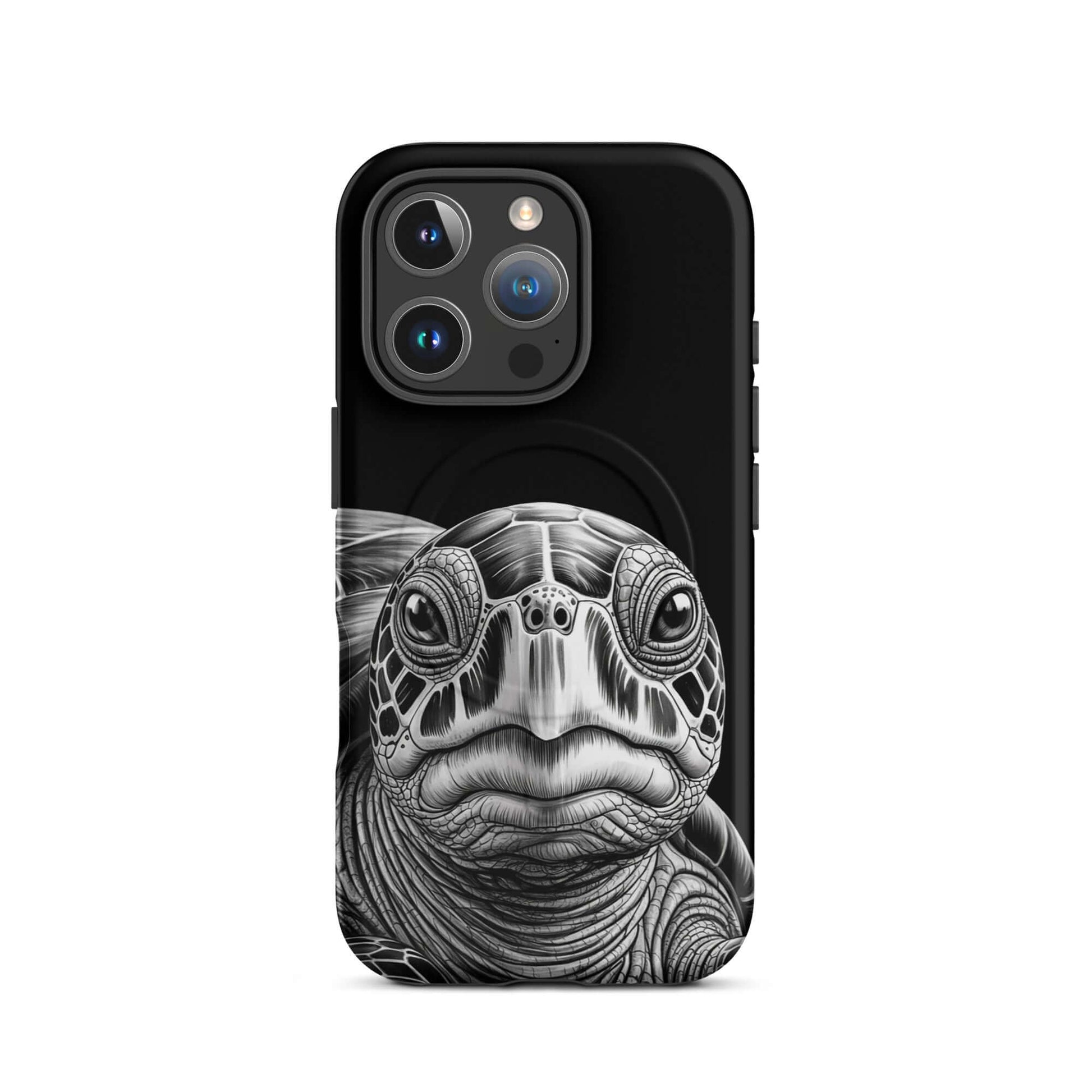 Magnetic Phone Case with ancient sea turtle art design, featuring intricate pencil sketch detailing for iPhone protection.