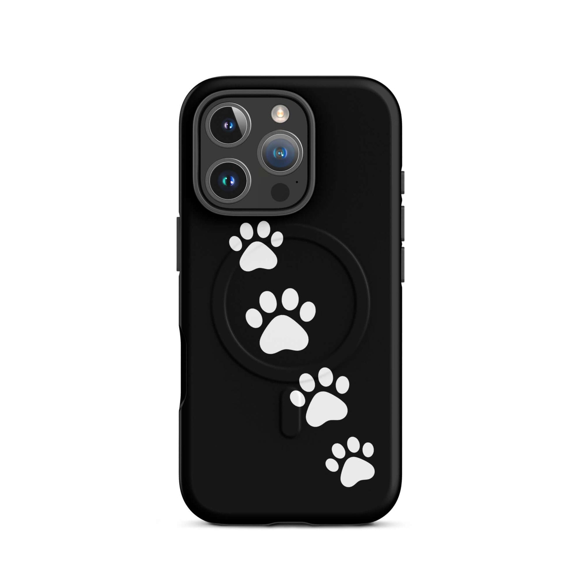 Magnetic Phone Case with playful paw prints design, perfect for pet lovers, shown on a sleek black background for iPhone.