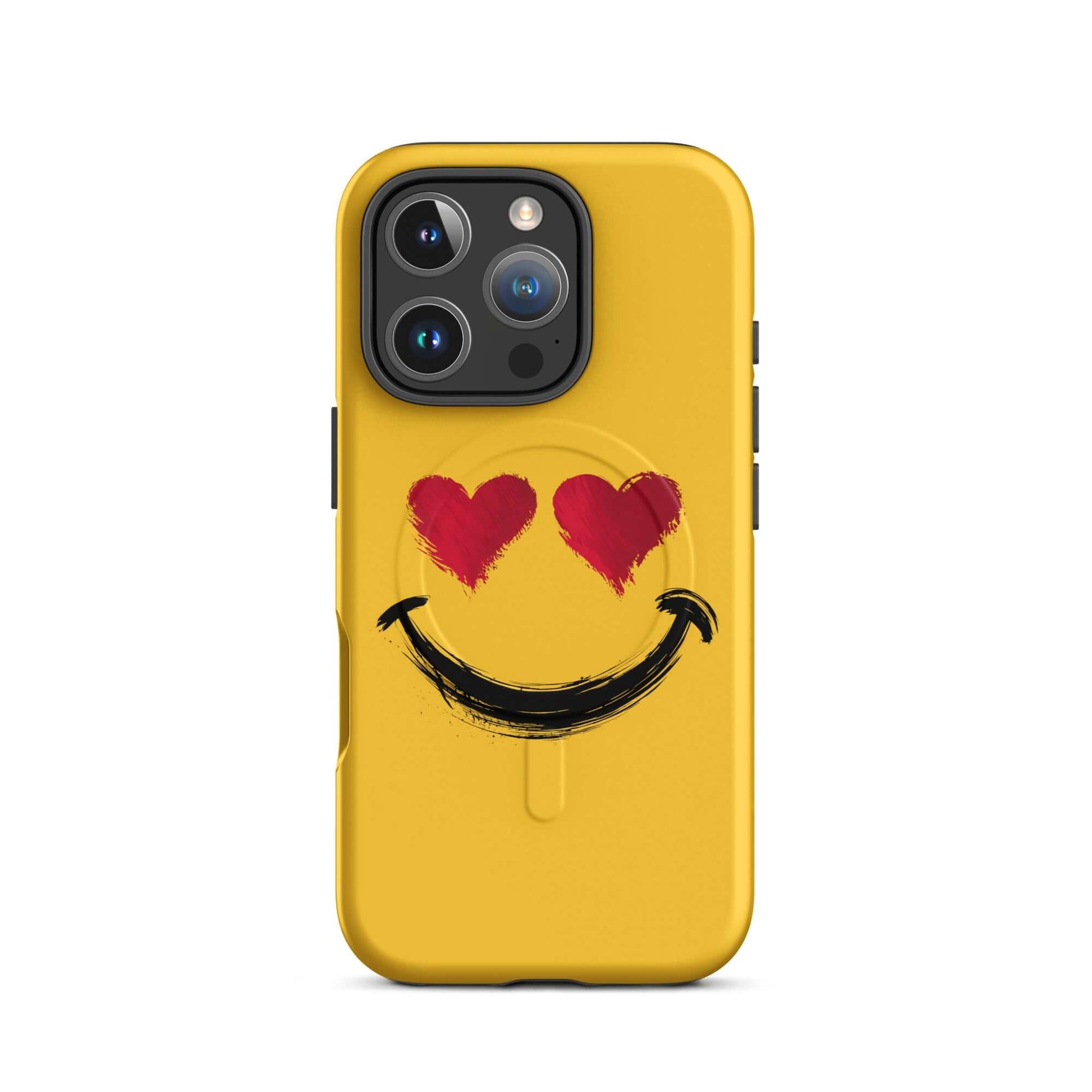Magnetic Phone Case for iPhone with heart-eyes smiley art, vibrant yellow design, bold style.