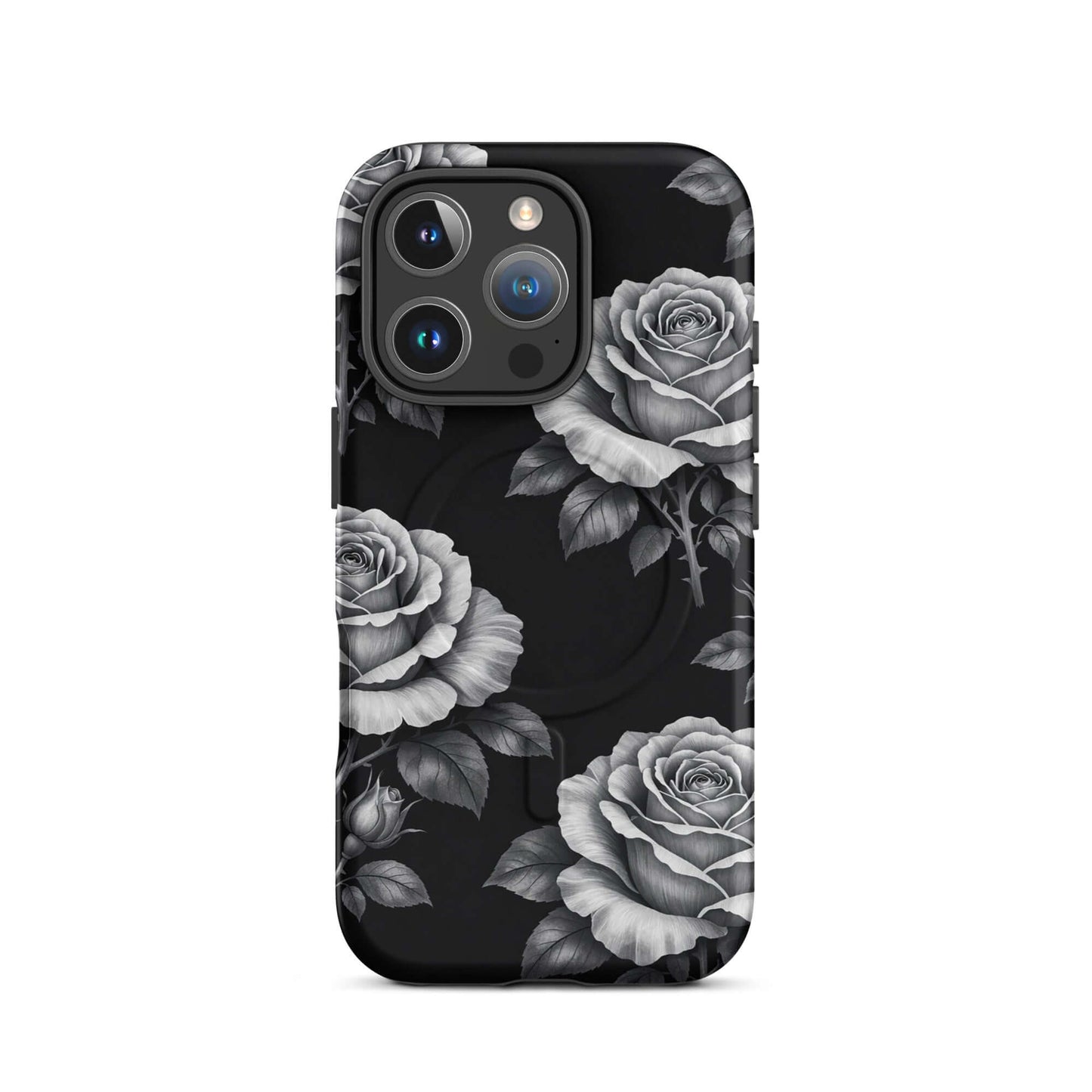 Magnetic Phone Case with rose garden design for iPhone, featuring hand-sketched roses on a black background, floral charm accessory.
