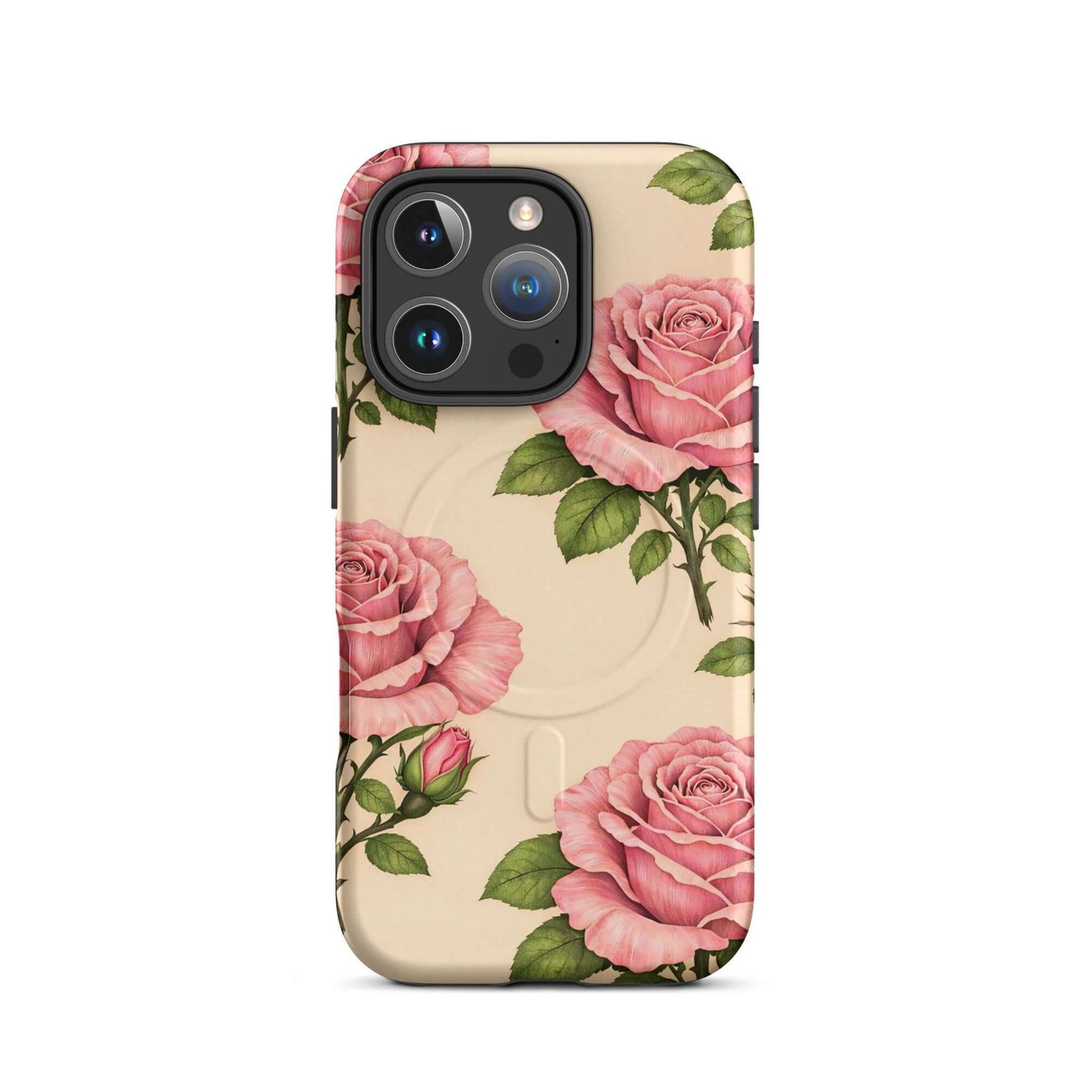 Magnetic Phone Case for iPhone with pink roses on warm cream background