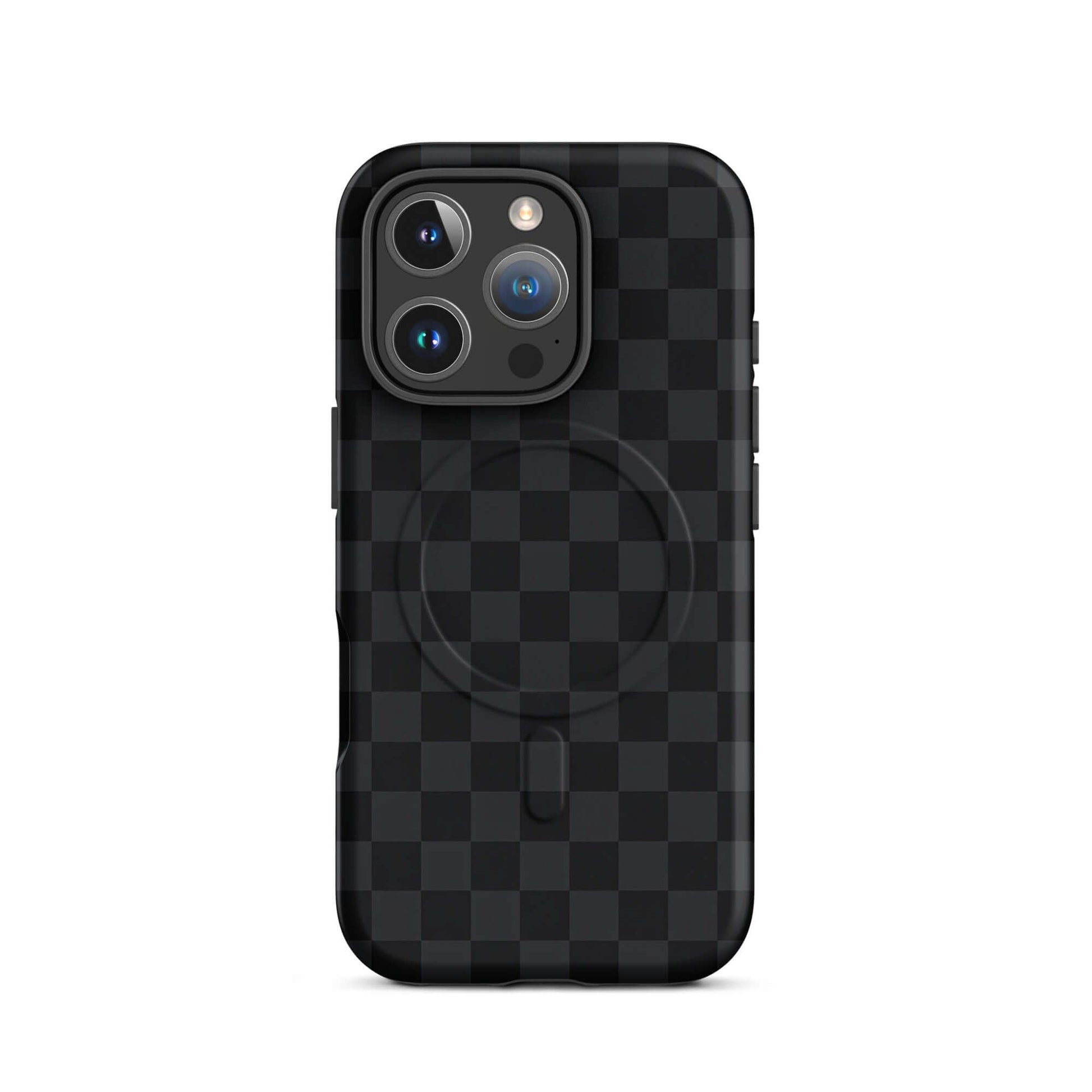 Magnetic Phone Case for iPhone with black and charcoal checkered design, providing sleek and modern protection.