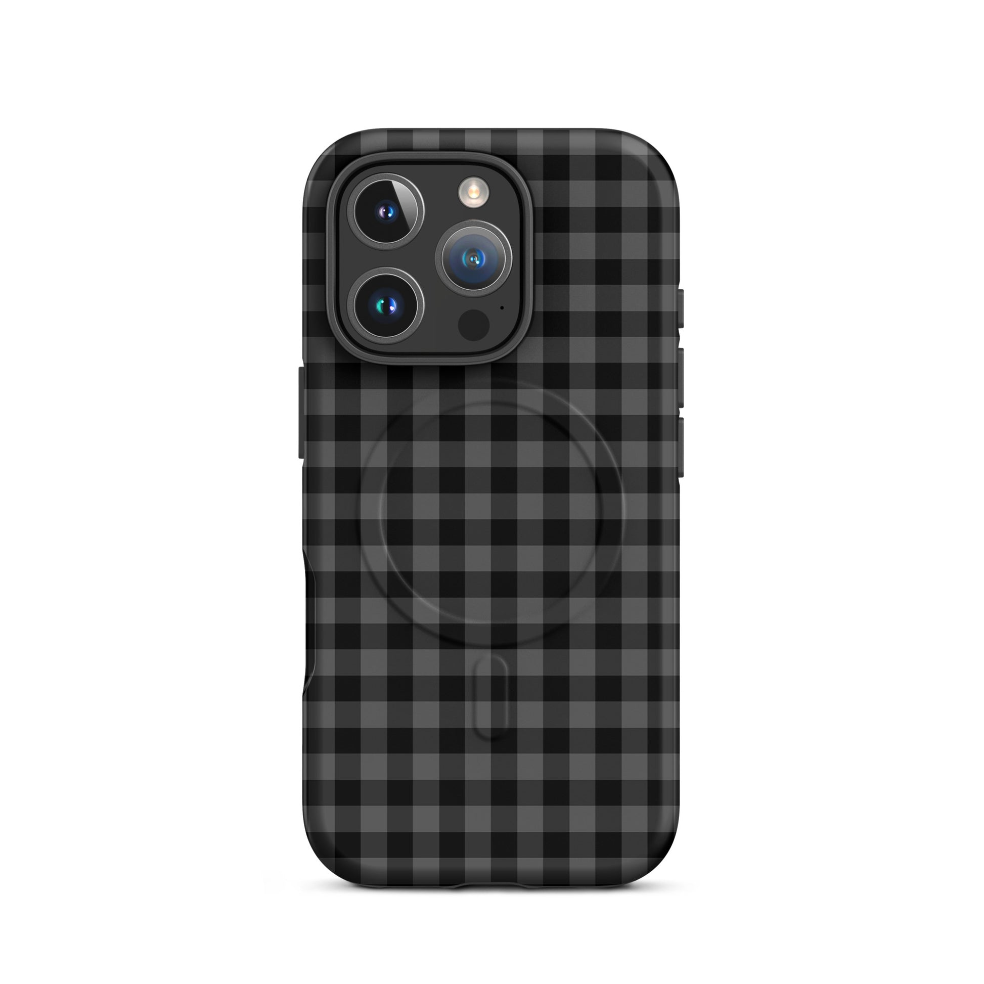 Magnetic Phone Case for iPhone with black and charcoal gingham pattern, combining chic design and durable protection.