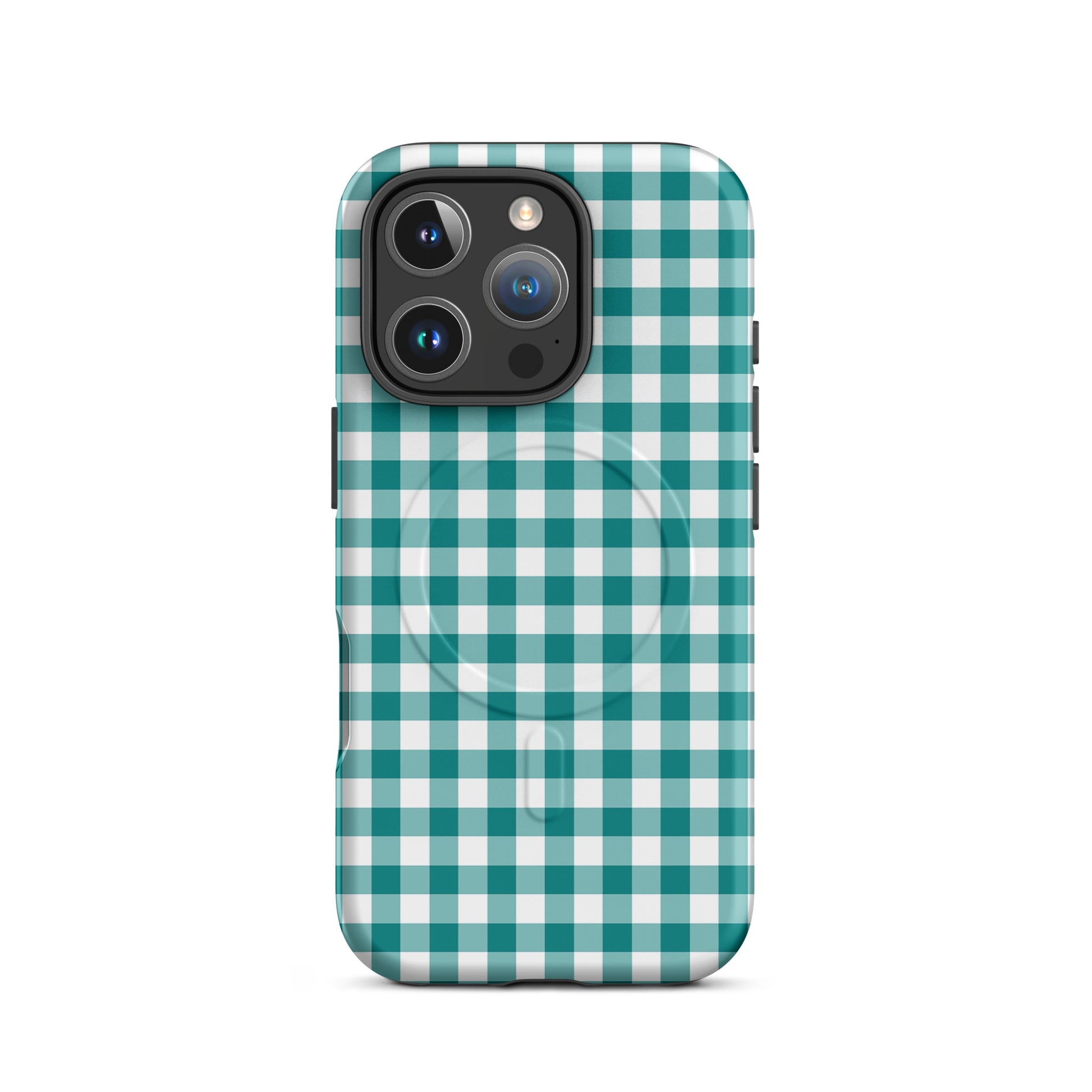 Magnetic Phone Case with teal-and-white gingham pattern for iPhone, combining style and protection in a chic accessory.