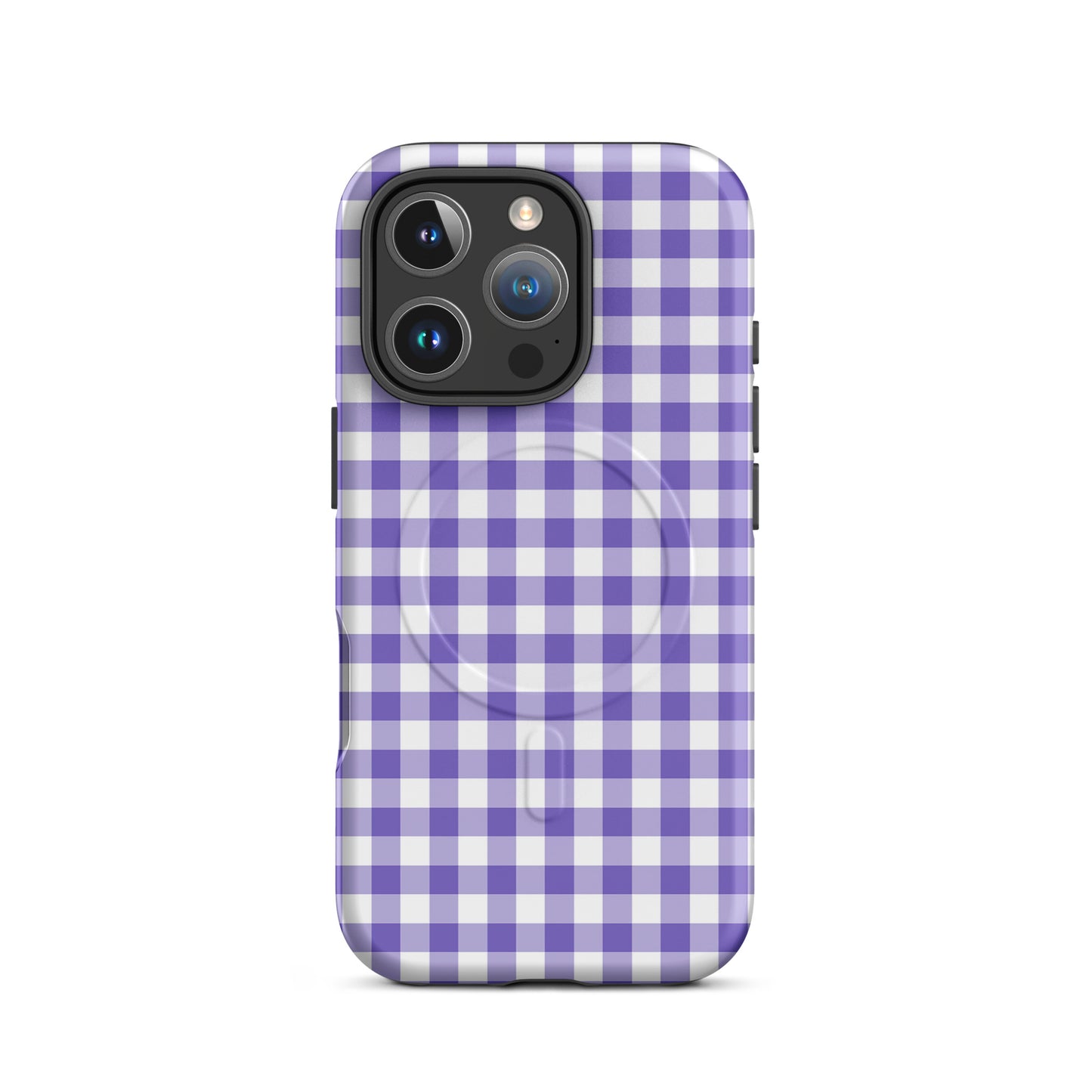 Magnetic Phone Case in purple and white gingham pattern for iPhone, offering stylish protection and luxury.