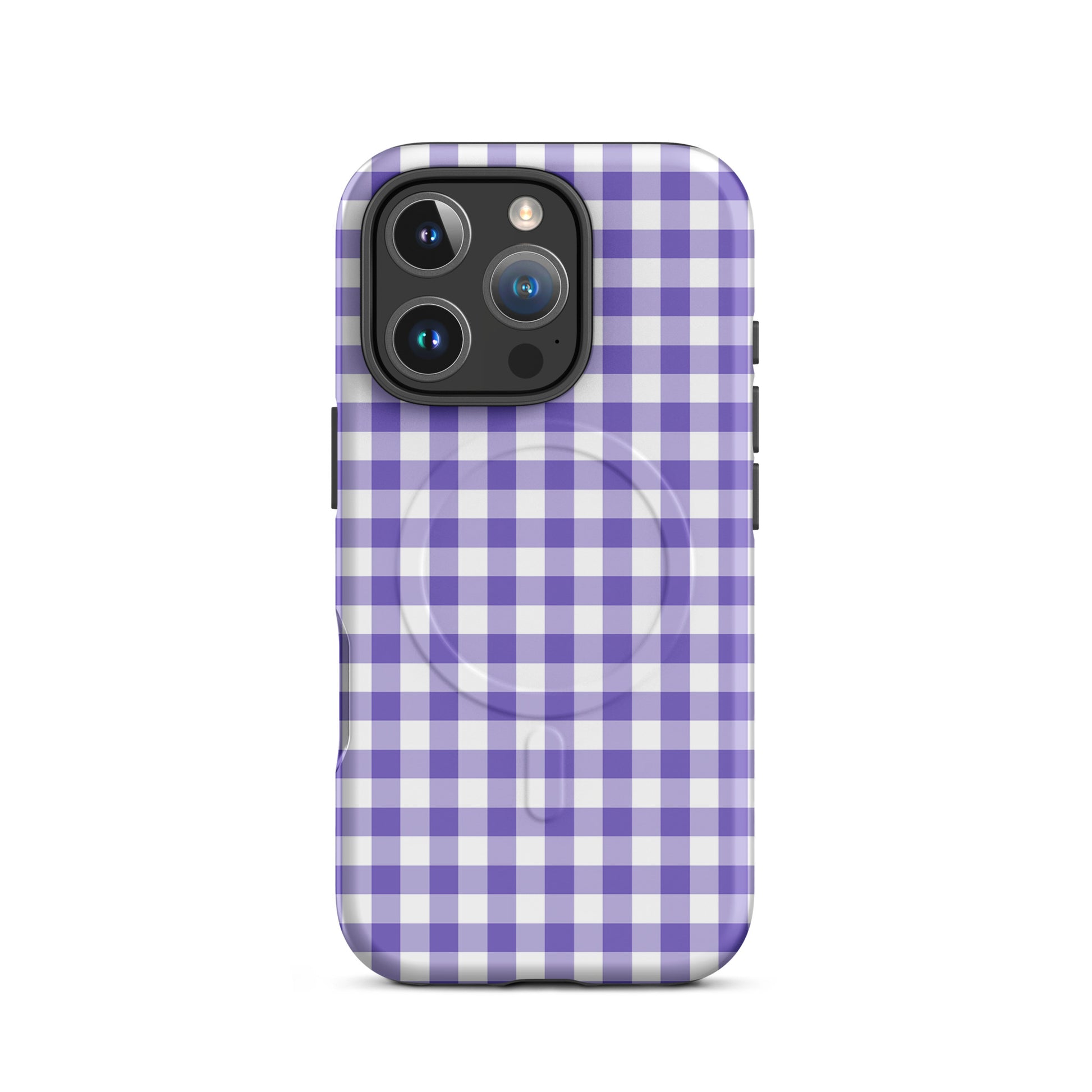 Magnetic Phone Case in purple and white gingham pattern for iPhone, offering stylish protection and luxury.