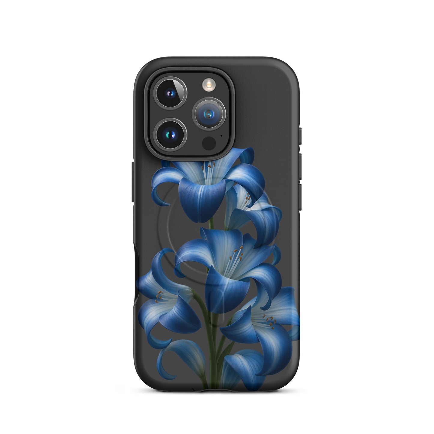 Magnetic Phone Case with Blue Lily Bloom Art for iPhone on black background.
