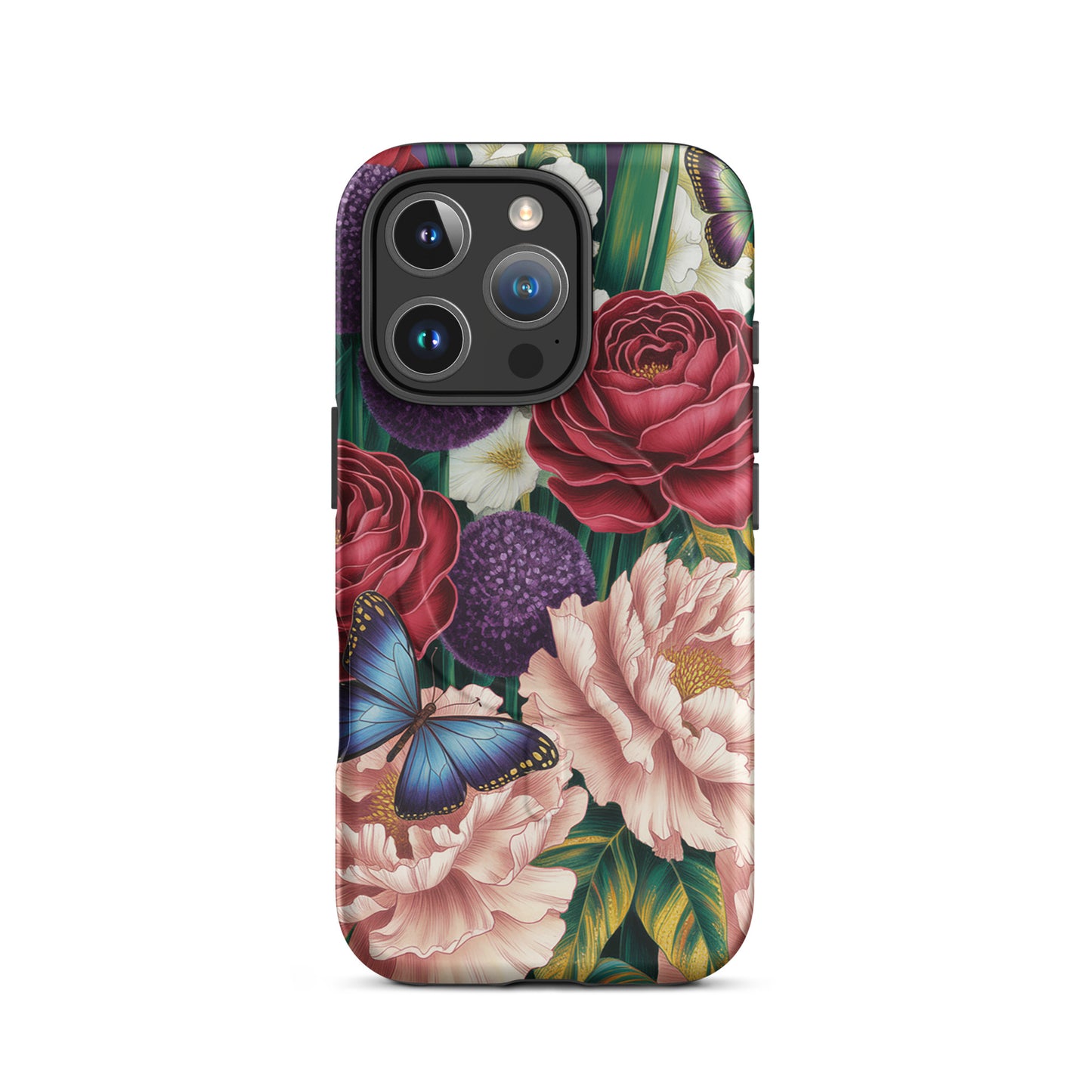Magnetic Phone Case for iPhone with botanical garden design featuring roses, peonies, alliums, and butterflies on a lush background.