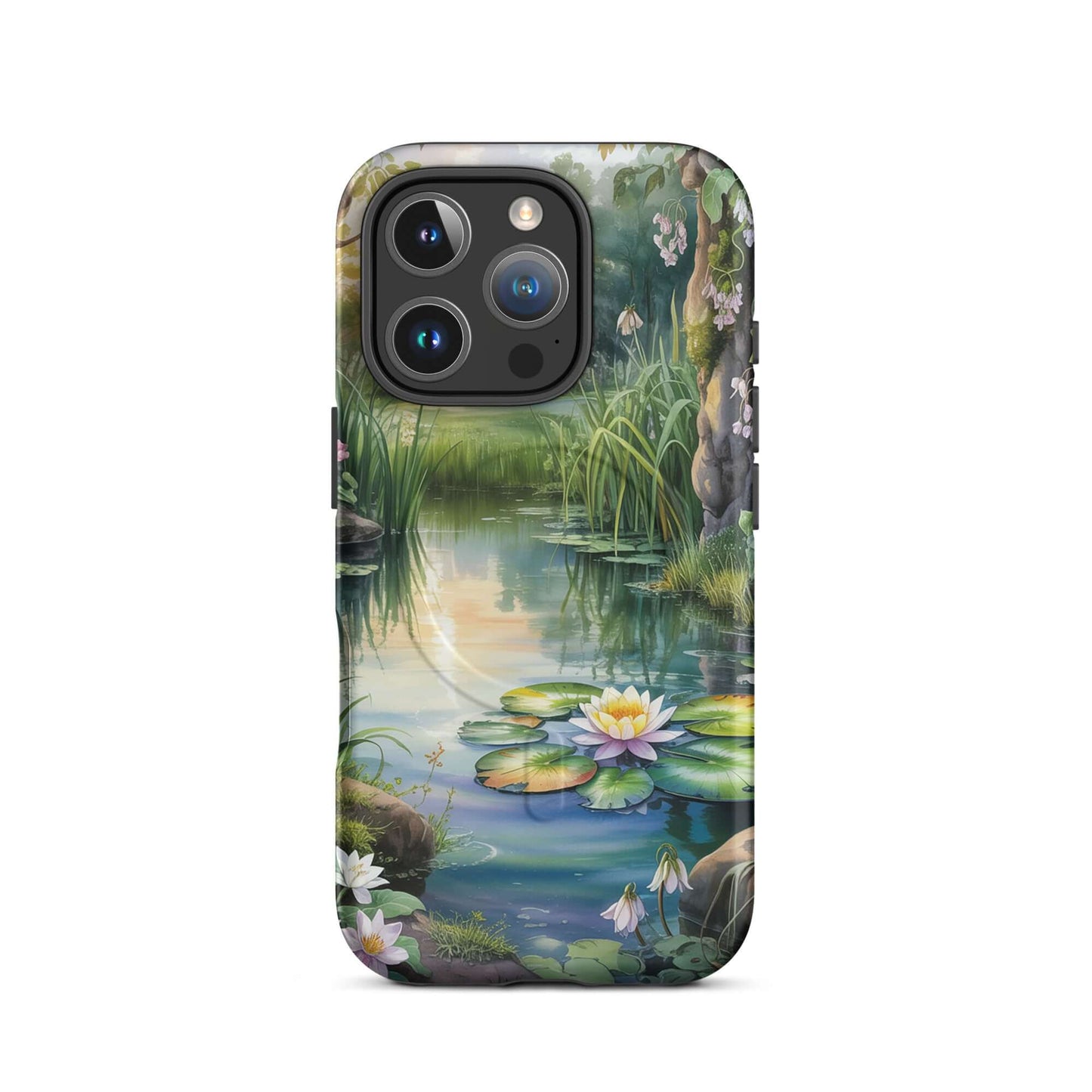 Magnetic Phone Case featuring enchanted pond design with water lilies and lush greenery reflecting soft sunset light.
