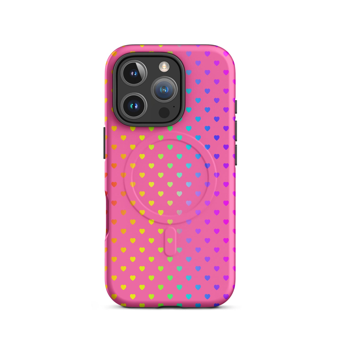 Magnetic Phone Case with cute rainbow hearts on pink backdrop, dual-layer construction for iPhone, cheerful and colorful design.
