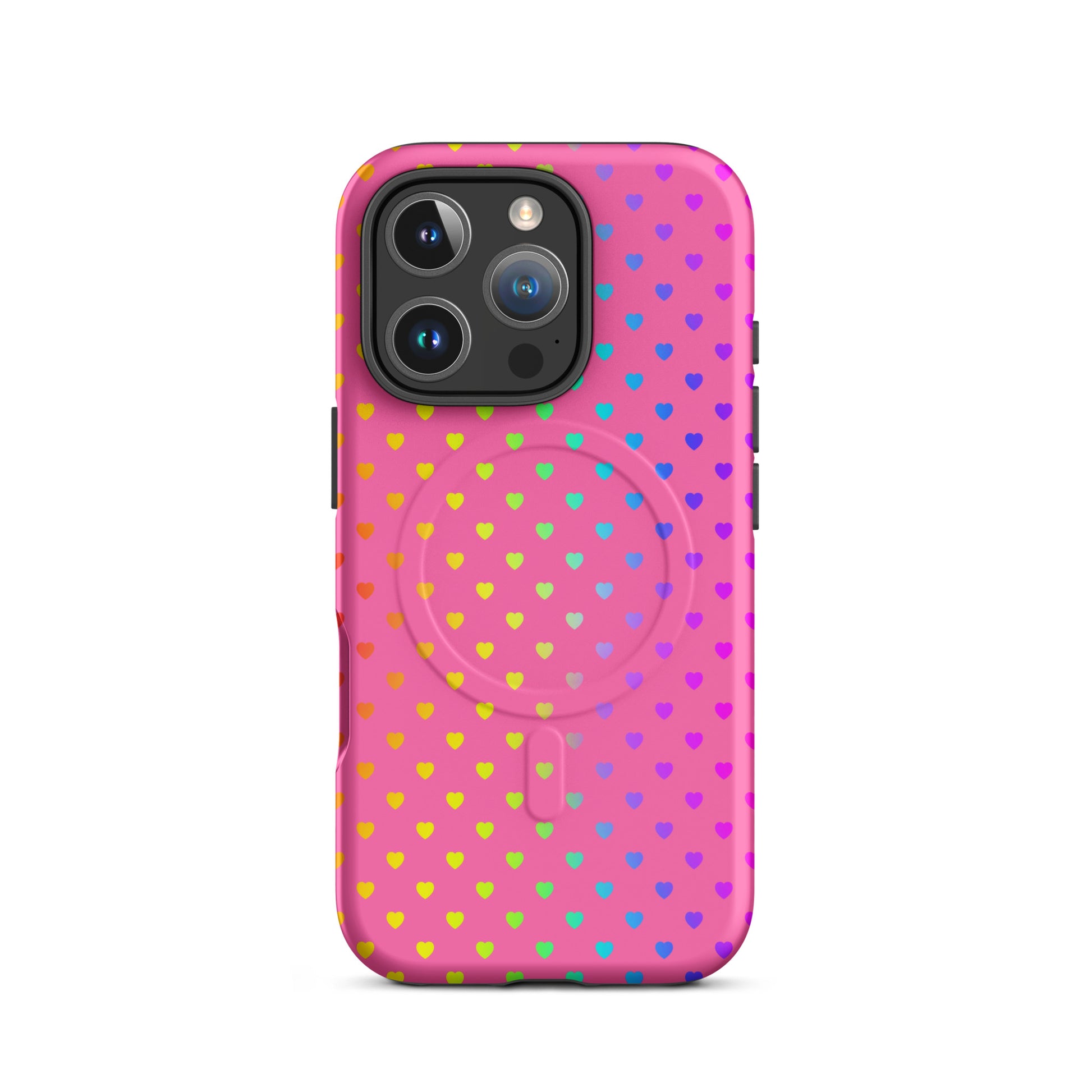 Magnetic Phone Case with cute rainbow hearts on pink backdrop, dual-layer construction for iPhone, cheerful and colorful design.