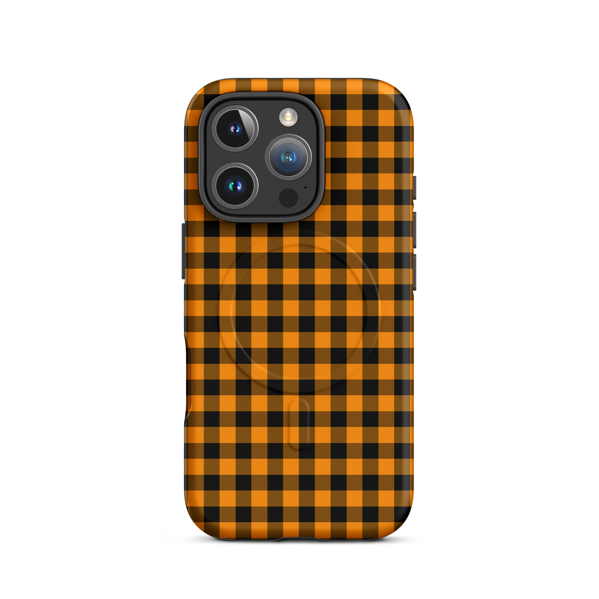 Black-and-orange gingham Magnetic Phone Case for iPhone with autumn theme.