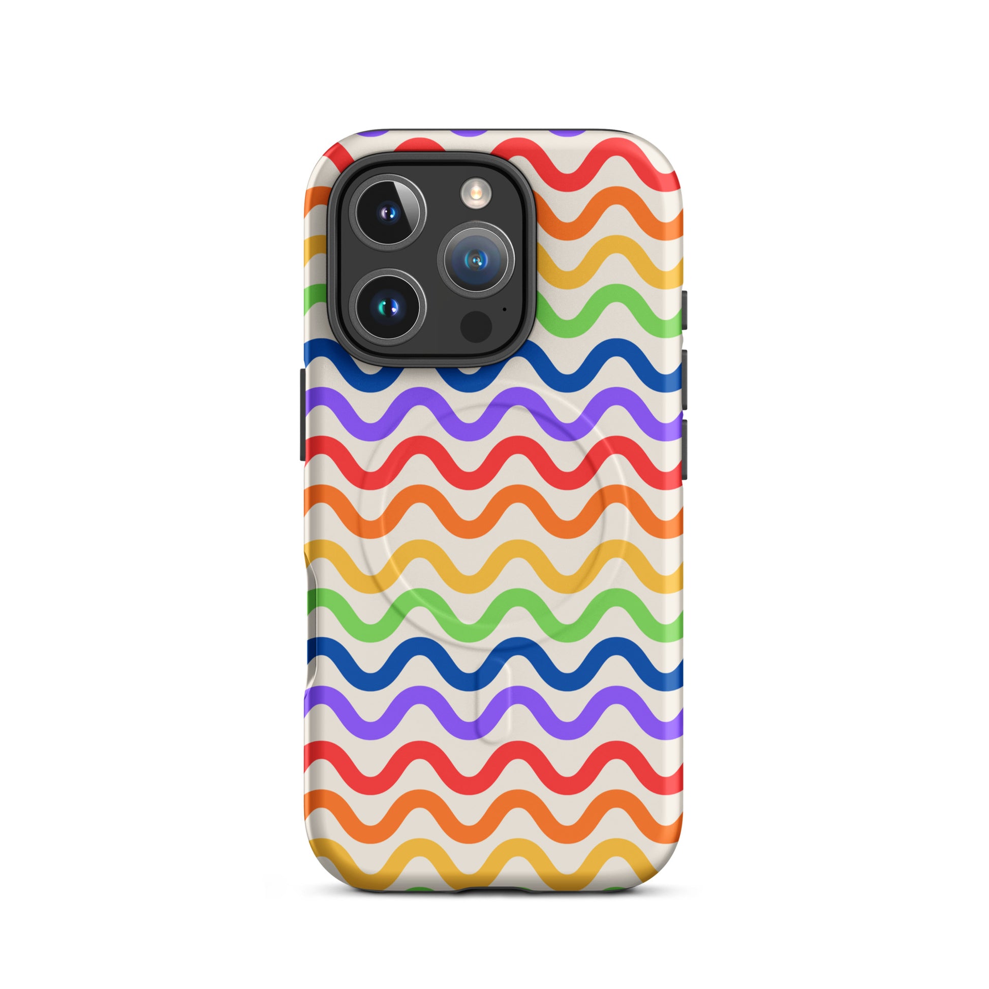 Magnetic Phone Case with wavy rainbow pattern for iPhone, featuring vibrant colors in purple, red, orange, yellow, green, and blue.