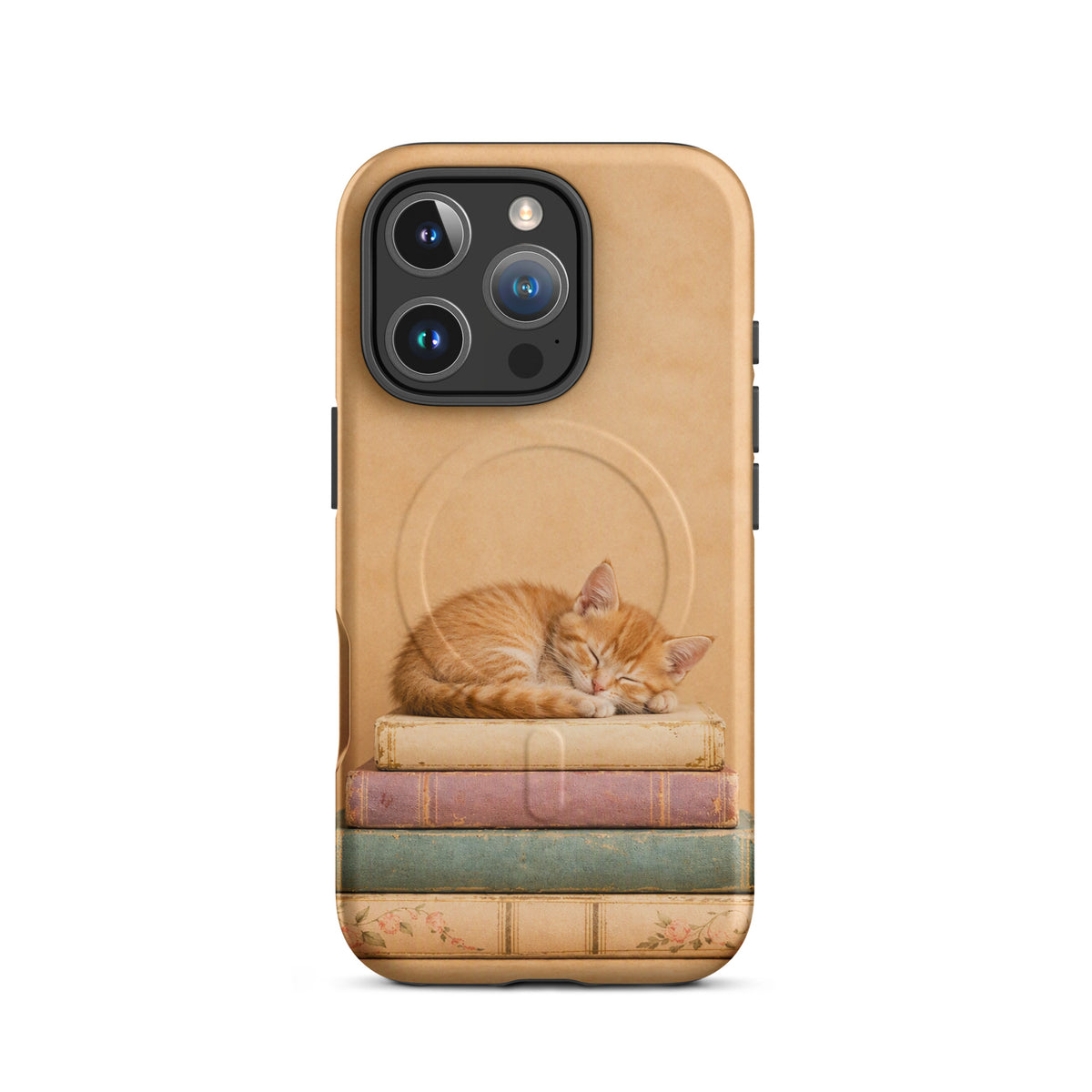 Magnetic Phone Case featuring a sleeping kitten on vintage books, cozy and charming design, ideal for book lovers and cat enthusiasts.