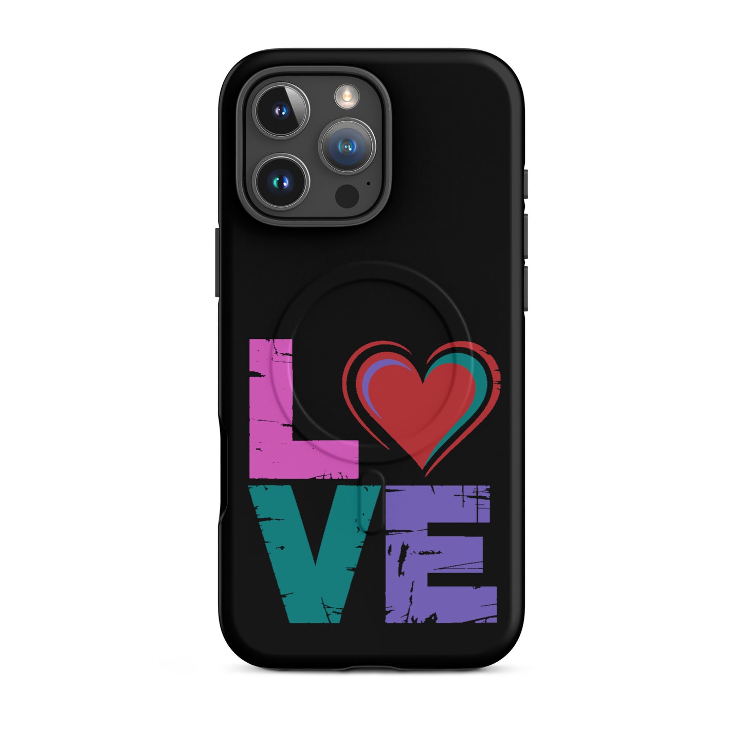 Love Magnetic Dual-Layer Tough Case for iPhone featuring colorful love design on a black background.