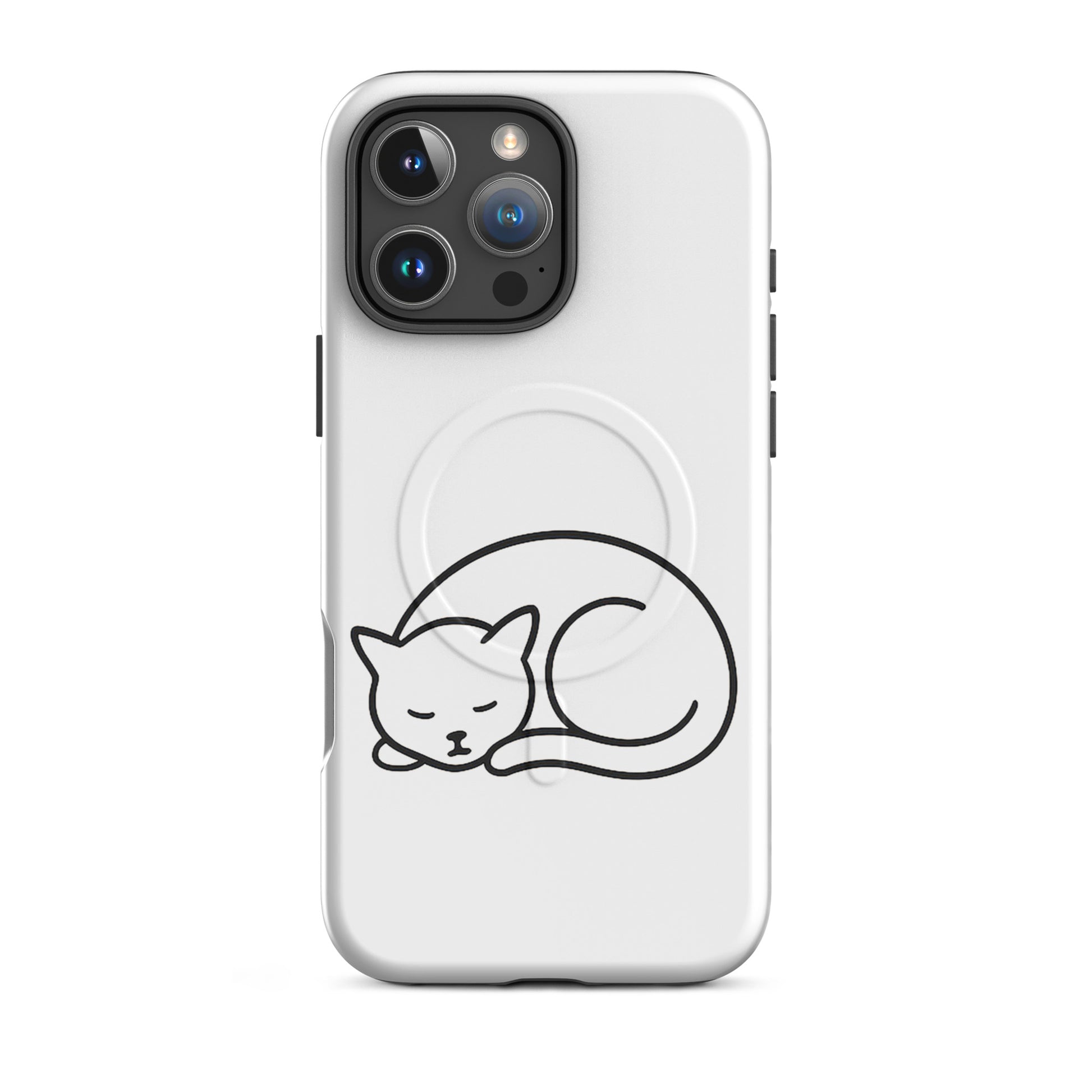 Magnetic Phone Case for iPhone featuring minimalist curled-up cat design on a sleek white background.
