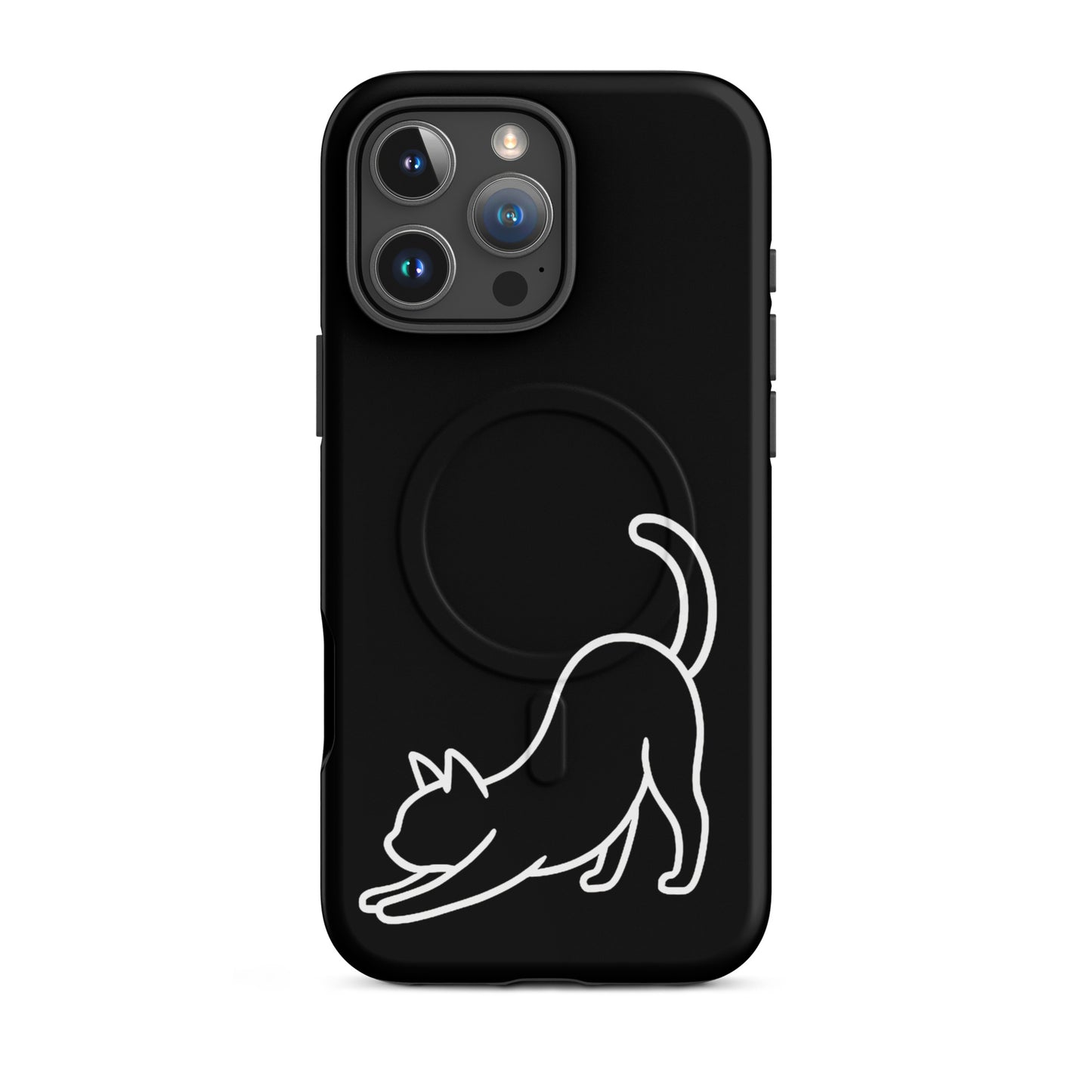 Magnetic Phone Case for iPhone with minimalist stretching cat design on a black background.