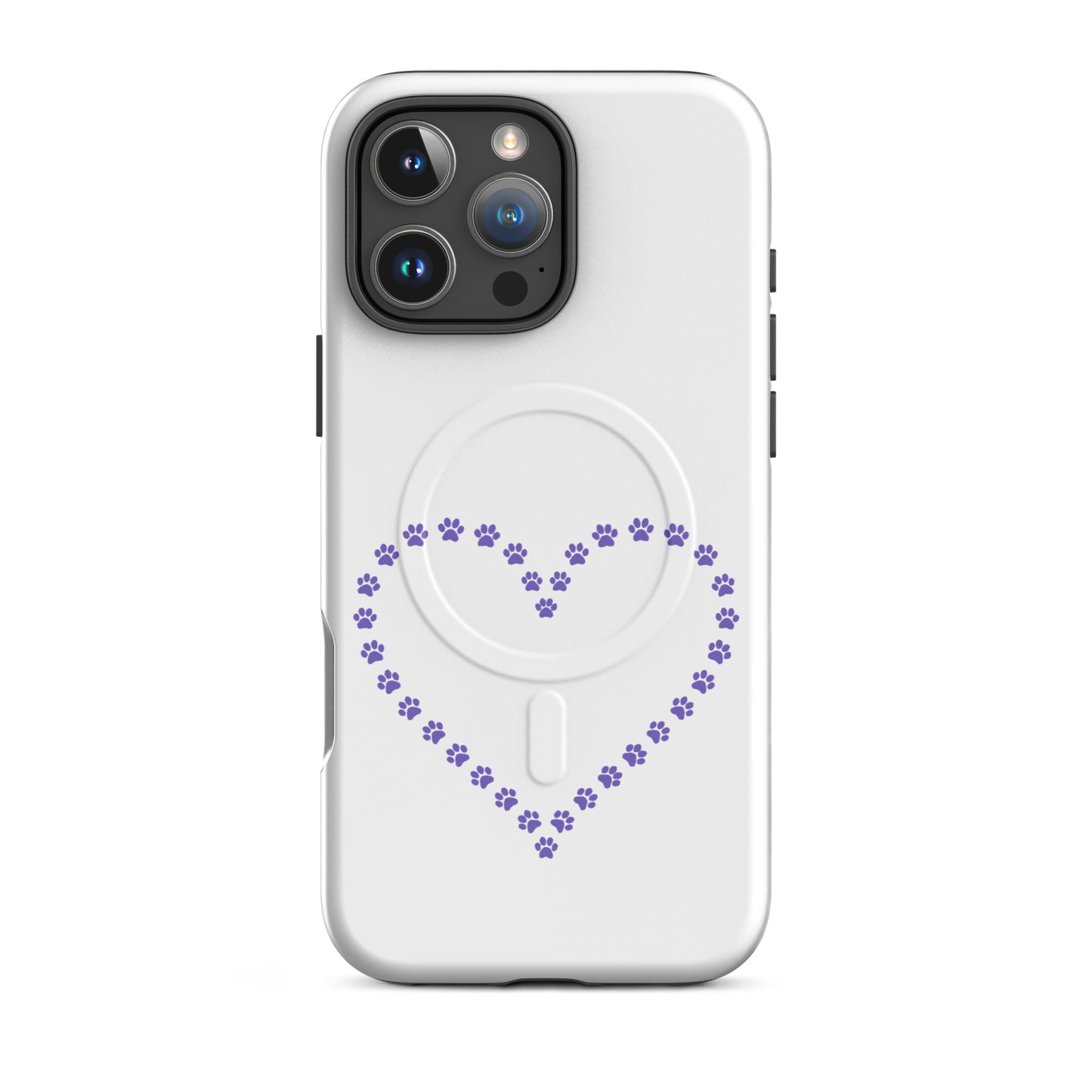 Magnetic Phone Case with purple paw print heart design for pet lovers, perfect blend of charm and protection.