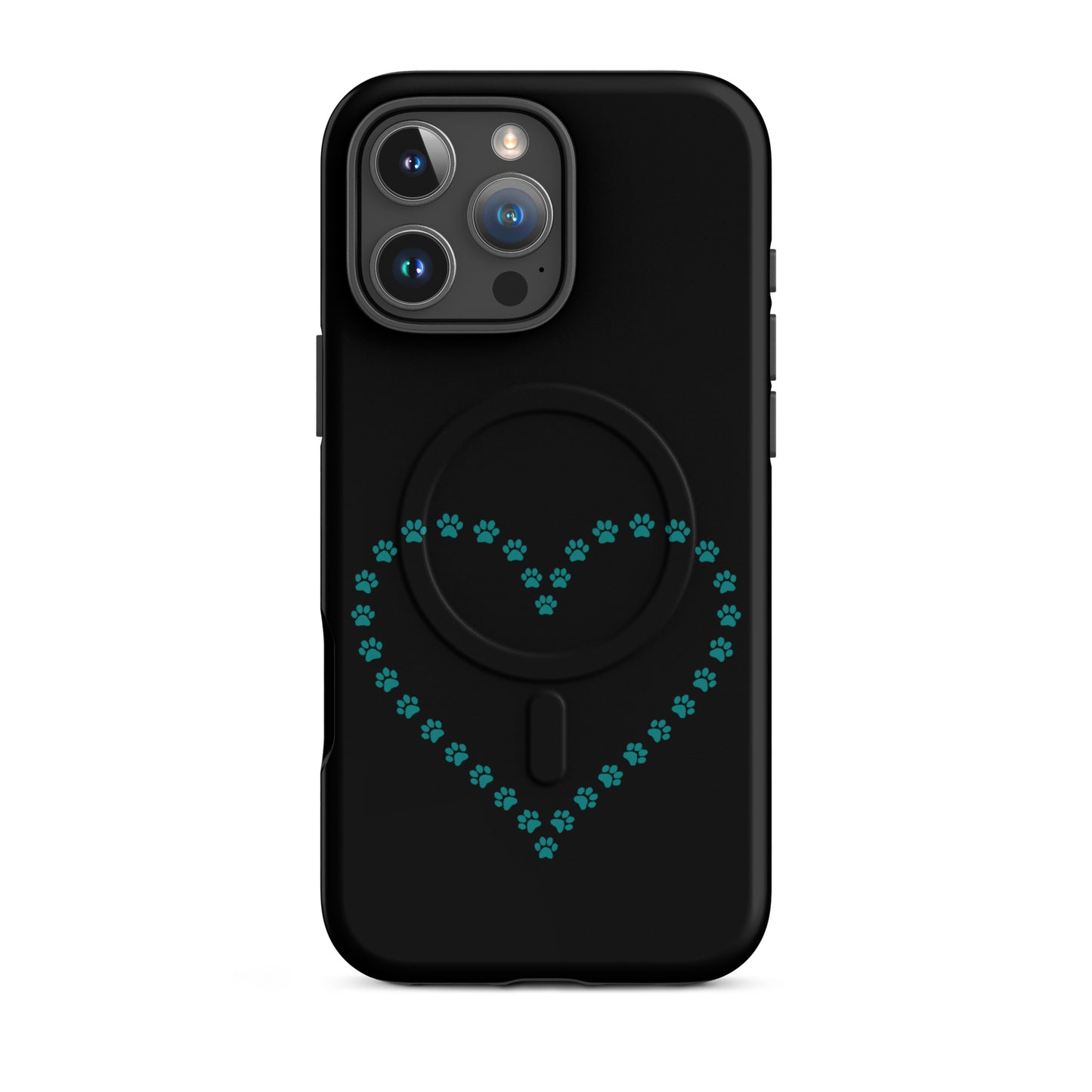 Magnetic Phone Case featuring a heart design made of teal paw prints for pet lovers.