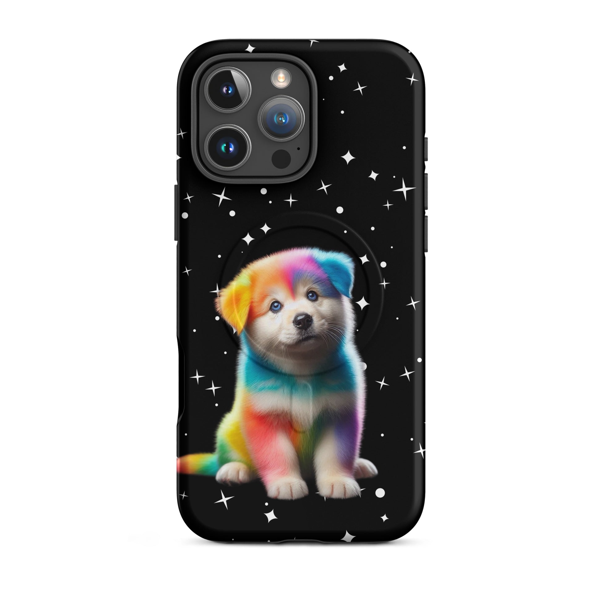 Magnetic Phone Case featuring a rainbow puppy design against a starry night sky for iPhone protection.