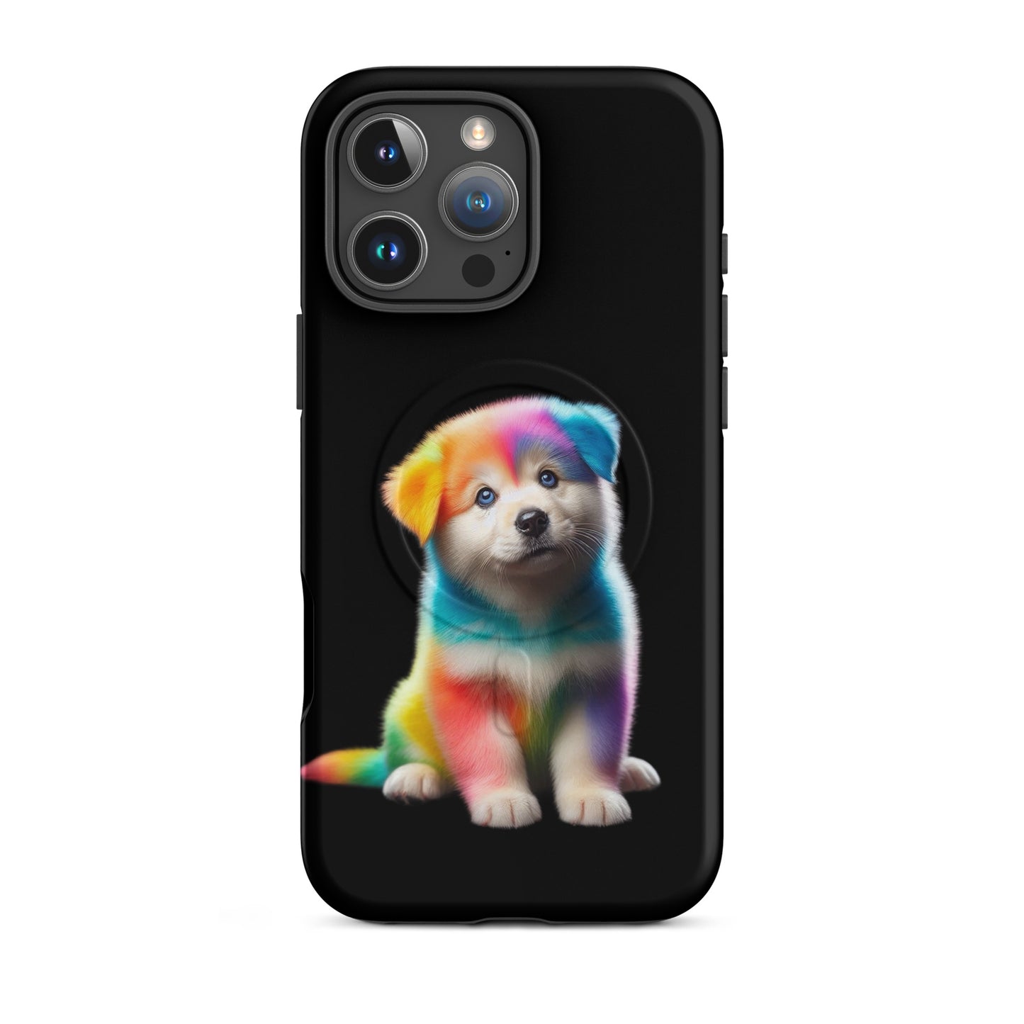 Magnetic Phone Case featuring a colorful rainbow puppy design on a black background, perfect for pet lovers.