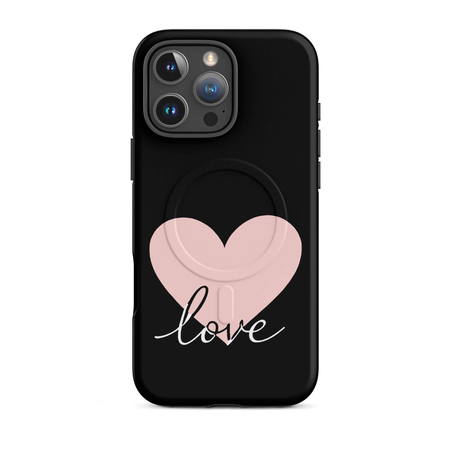 Magnetic Phone Case featuring a pink heart and script 'love' design on a black background.