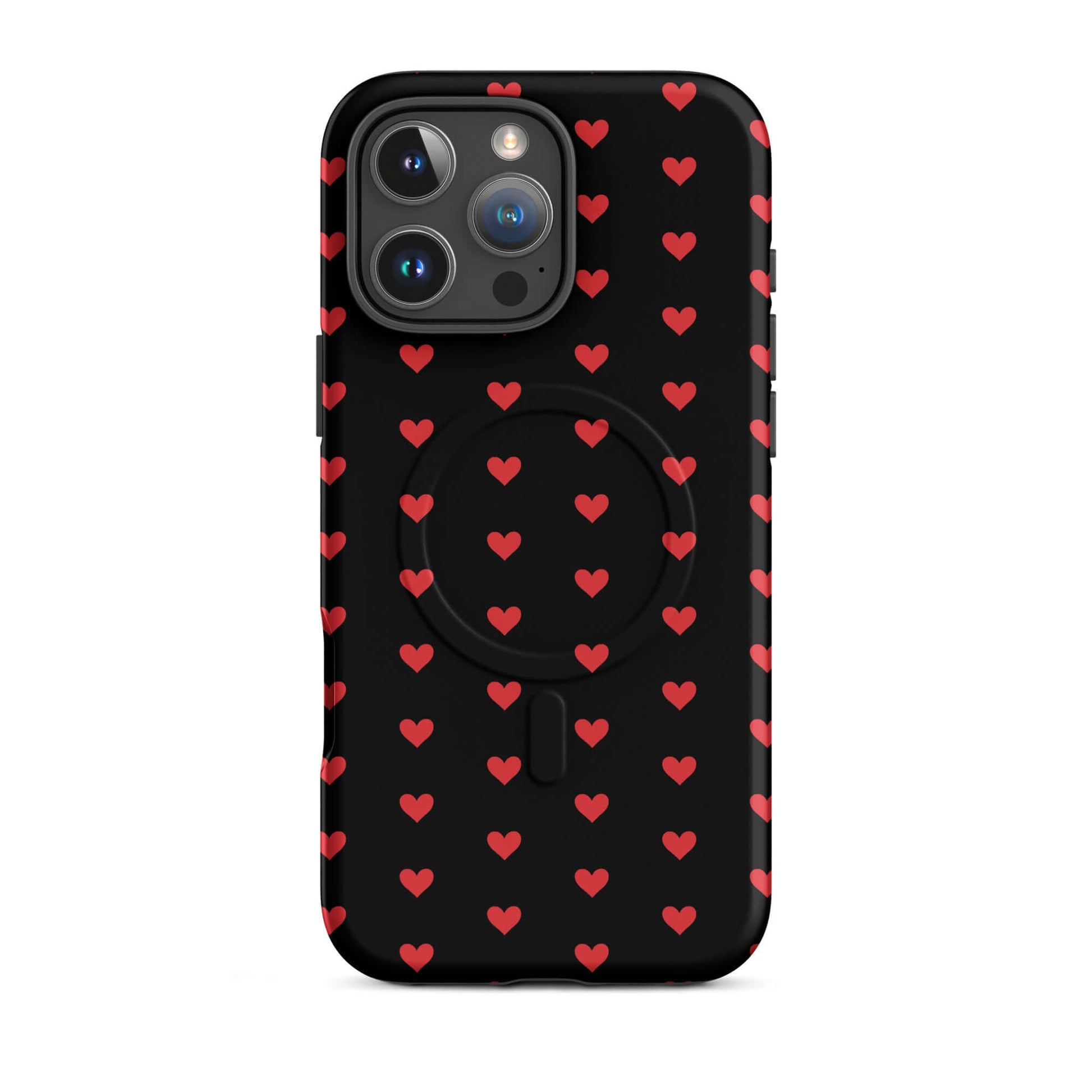 Magnetic Phone Case with fiery red hearts pattern on black background for iPhone.