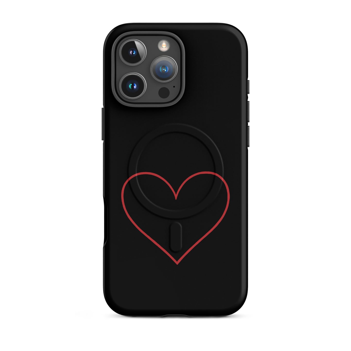 Magnetic Phone Case featuring a minimalist crimson heart design on a sleek black background.