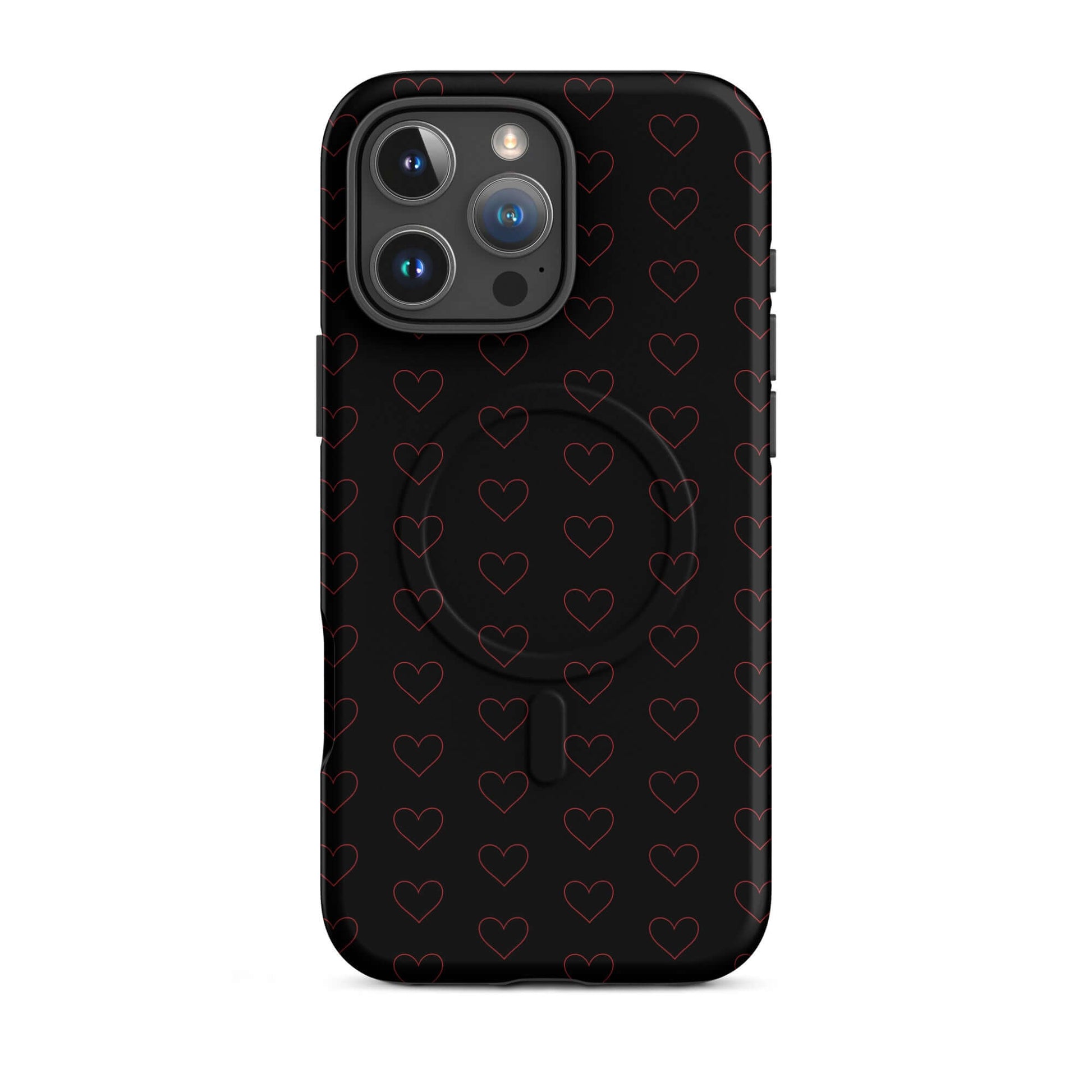 Magnetic Phone Case with a crimson heart pattern on a sleek black background.
