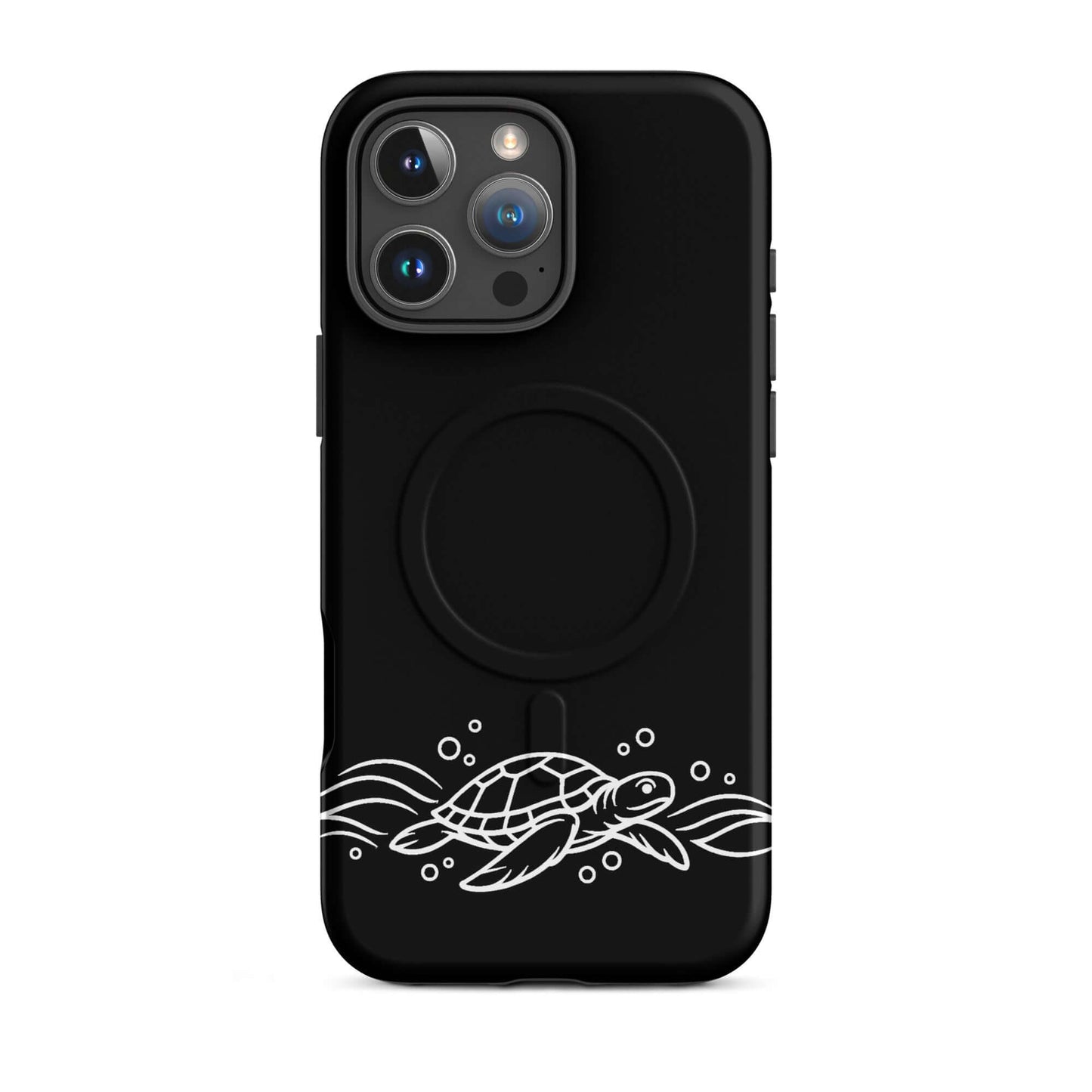 Magnetic Phone Case featuring a minimalist sea turtle design gliding through waves and bubbles, stylish and modern.